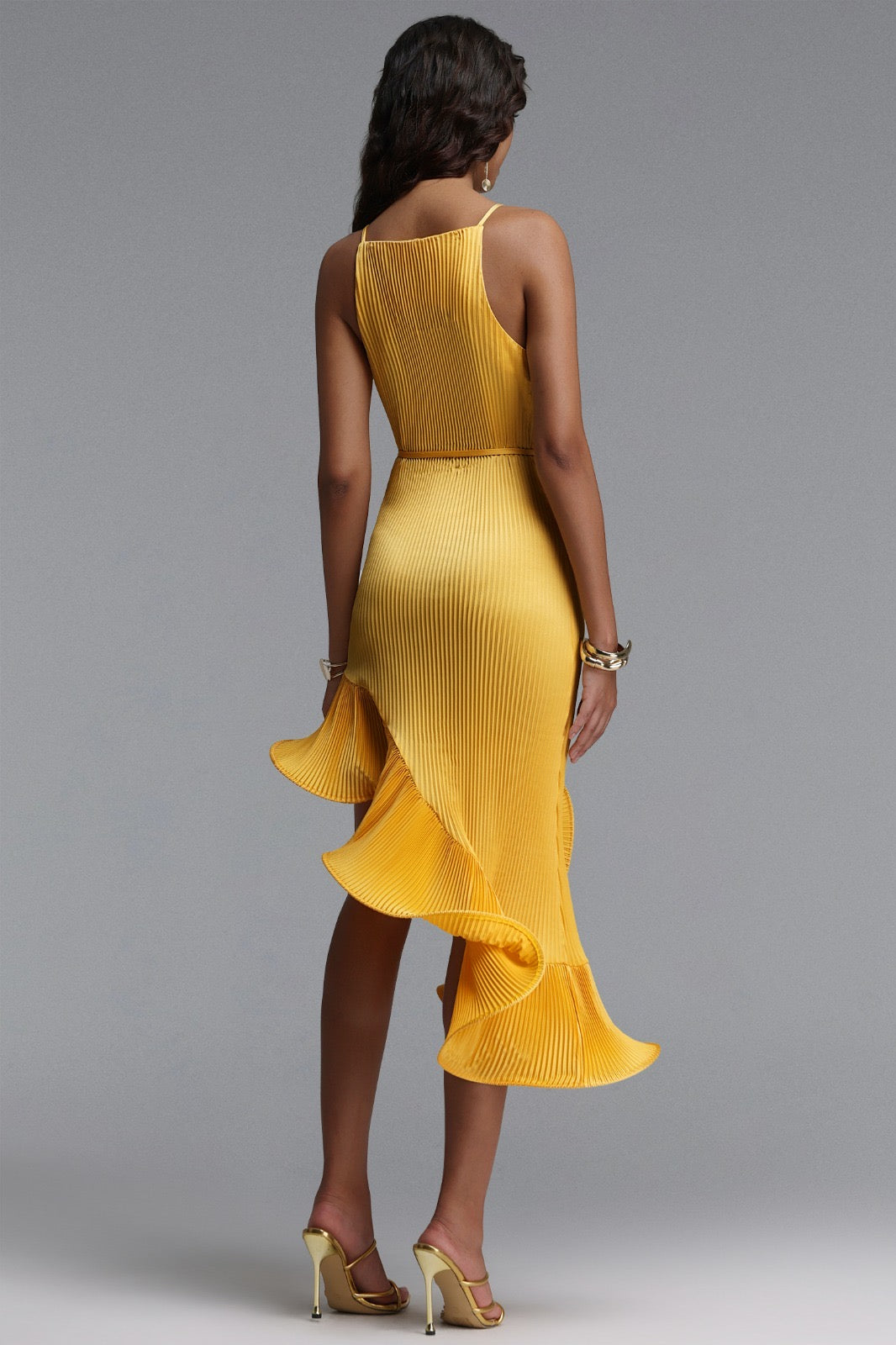 Marigold Yellow Pleated Asymmetric Ruffle Midi Dress - Spring Racing Dress