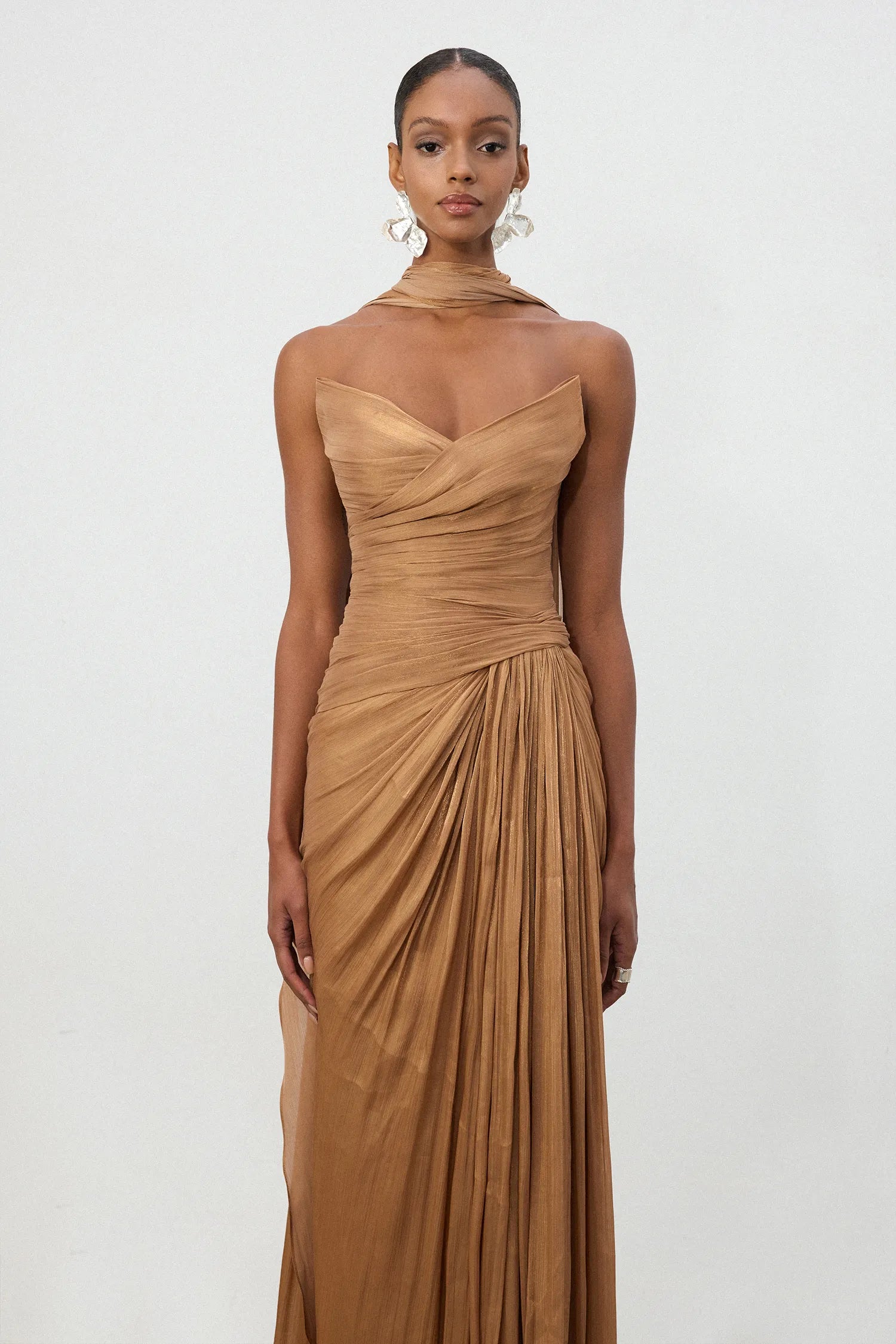 Bronzed Ruched One Shoulder Train Gown - Skye & Iris