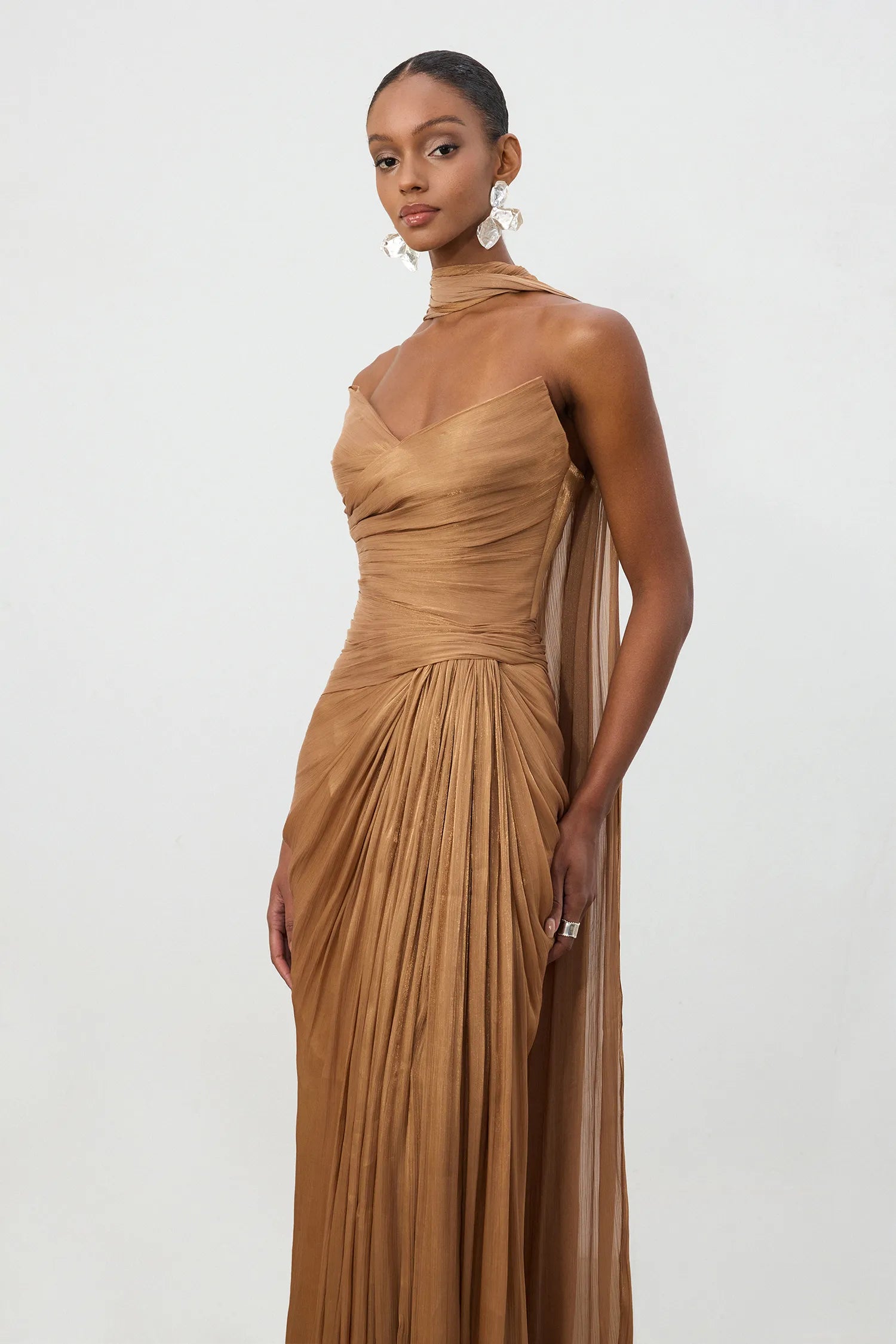 Bronzed Ruched One Shoulder Train Gown - Skye & Iris