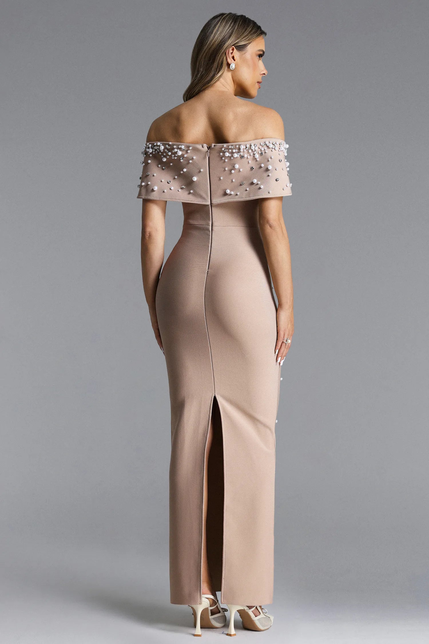 Isme Elegant Contour Off Shoulder Pearl Rhinestone Bandage Maxi Dress