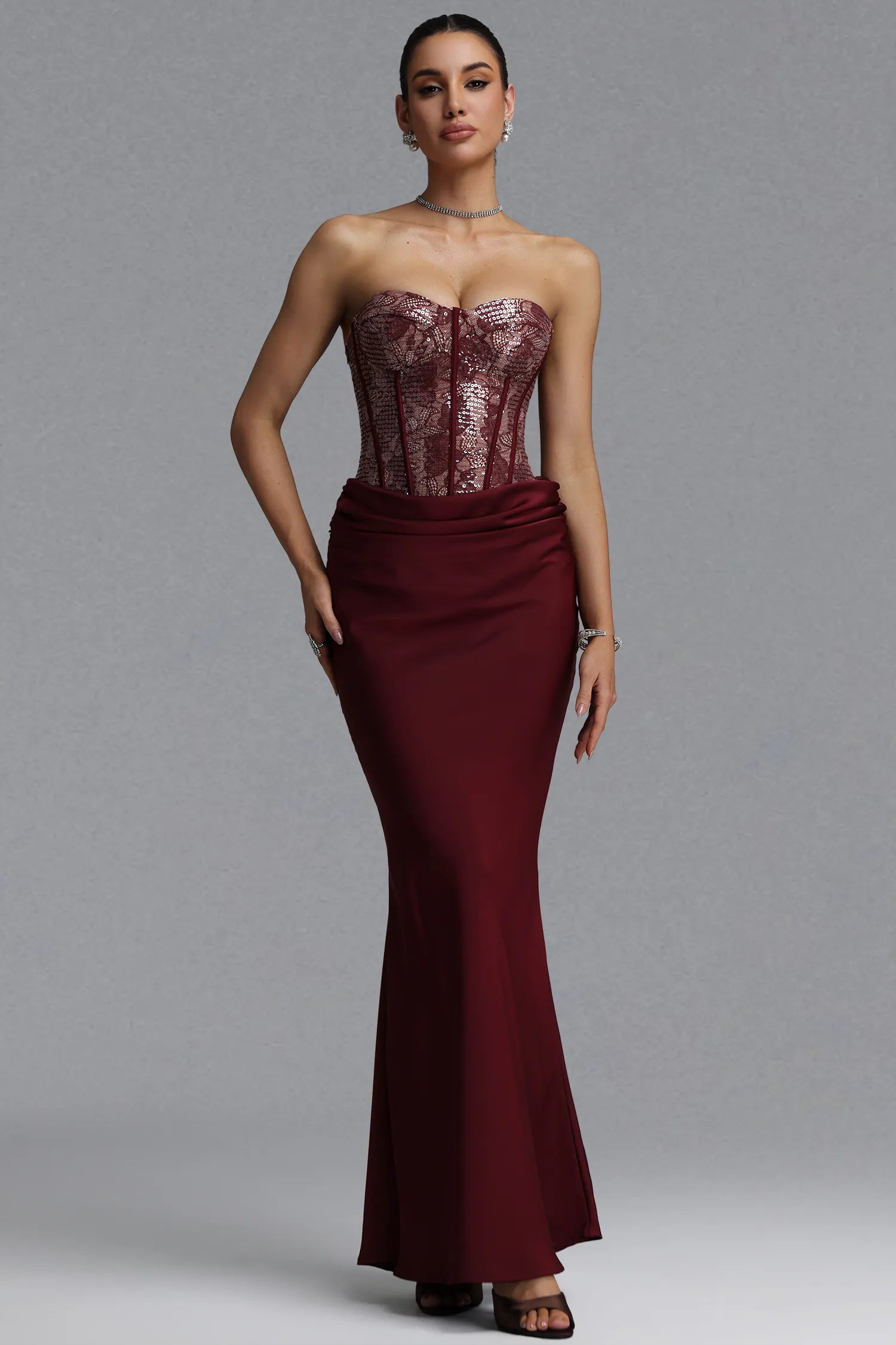 Wren Strapless Sequin Corset Maxi Dress - Burgundy