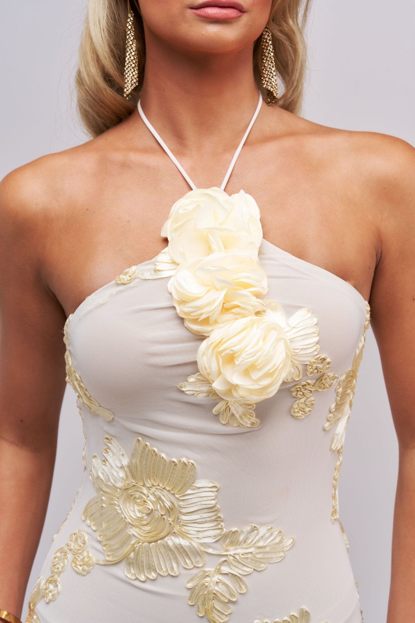 Amélie Floral Halter Gown – 3D Rosette Detail, Ivory Embroidered Elegance - Styled Collective