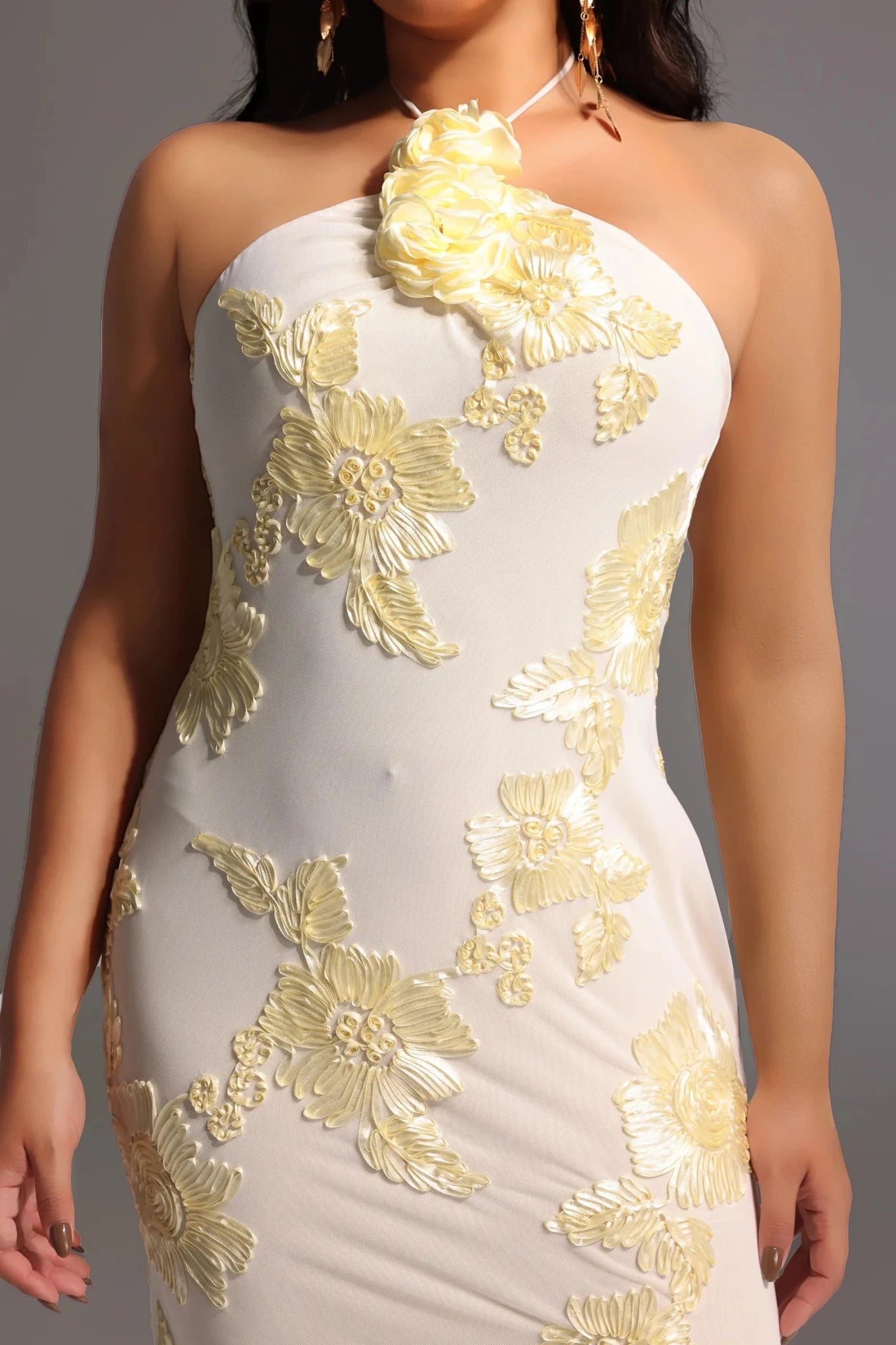 Amélie Floral Halter Gown – 3D Rosette Detail, Ivory Embroidered Elegance - Styled Collective