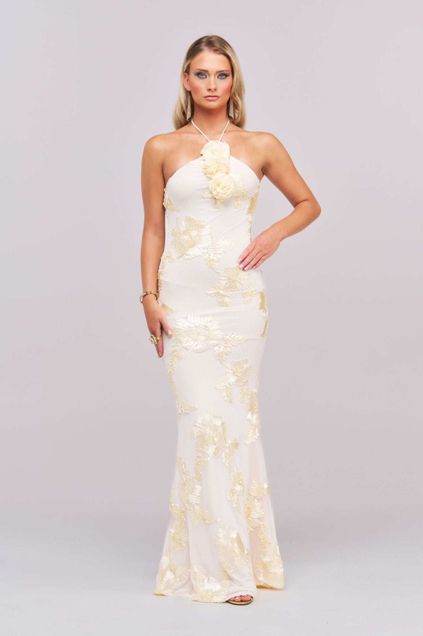 Amélie Floral Halter Gown – 3D Rosette Detail, Ivory Embroidered Elegance - Styled Collective
