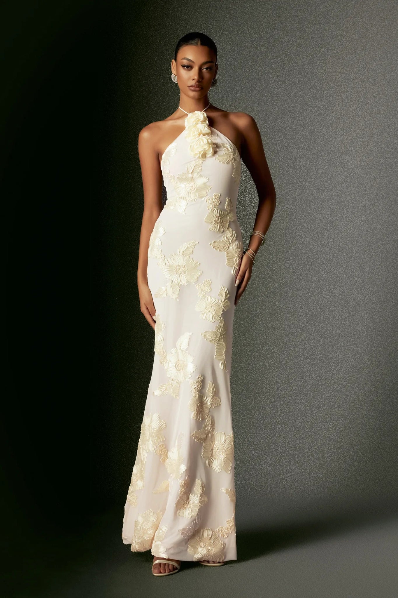 Amélie Floral Halter Gown – 3D Rosette Detail, Ivory Embroidered Elegance - Styled Collective
