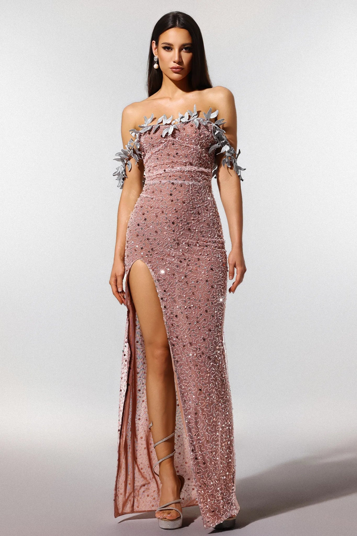 Aretha Strapless Sequin Maxi Dress - Silver Leaf Detail - Styled Collective