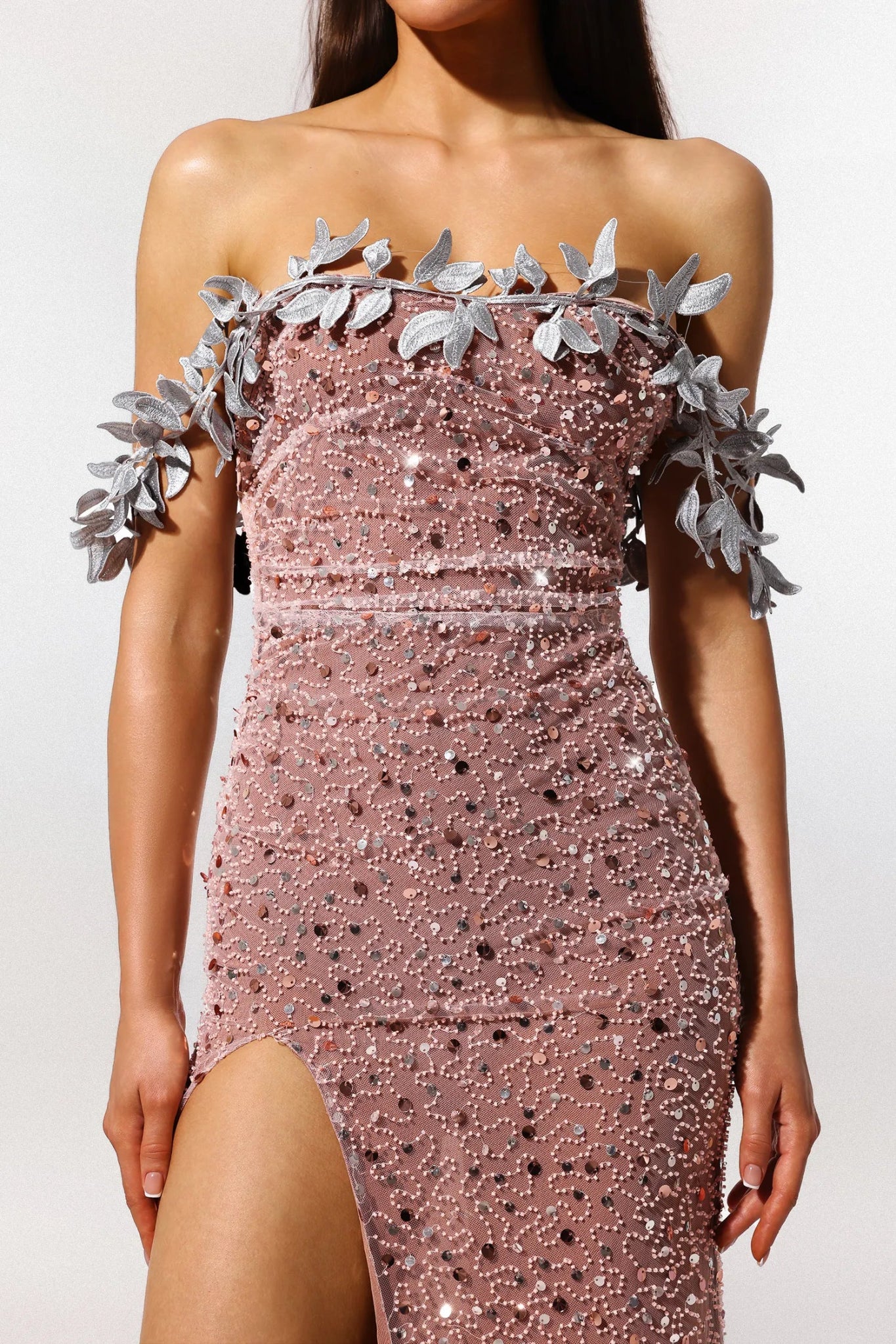 Aretha Strapless Sequin Maxi Dress - Silver Leaf Detail - Styled Collective