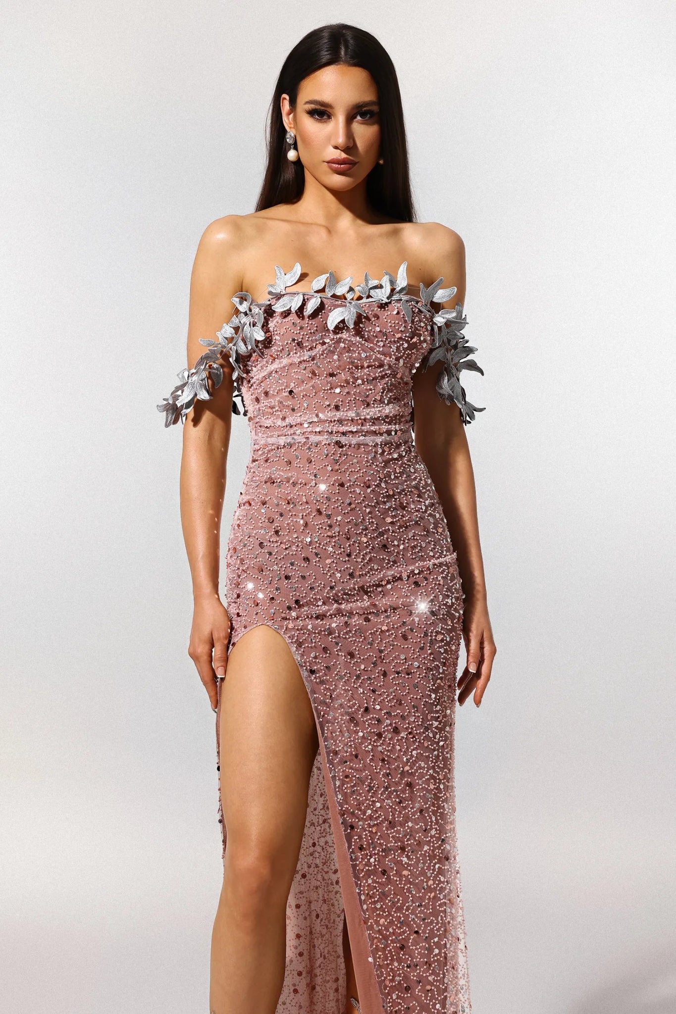 Aretha Strapless Sequin Maxi Dress - Silver Leaf Detail - Styled Collective