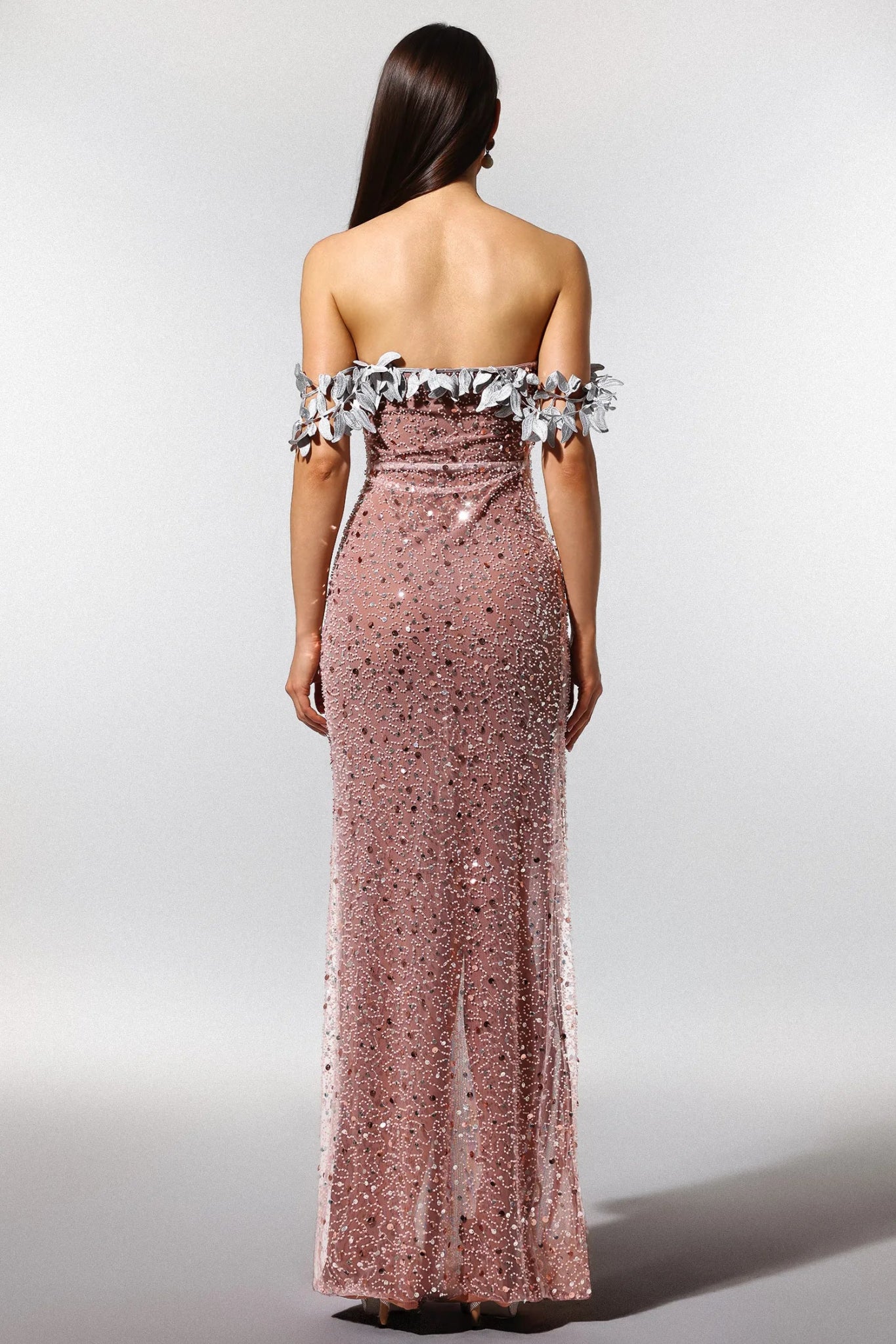 Aretha Strapless Sequin Maxi Dress - Silver Leaf Detail - Styled Collective
