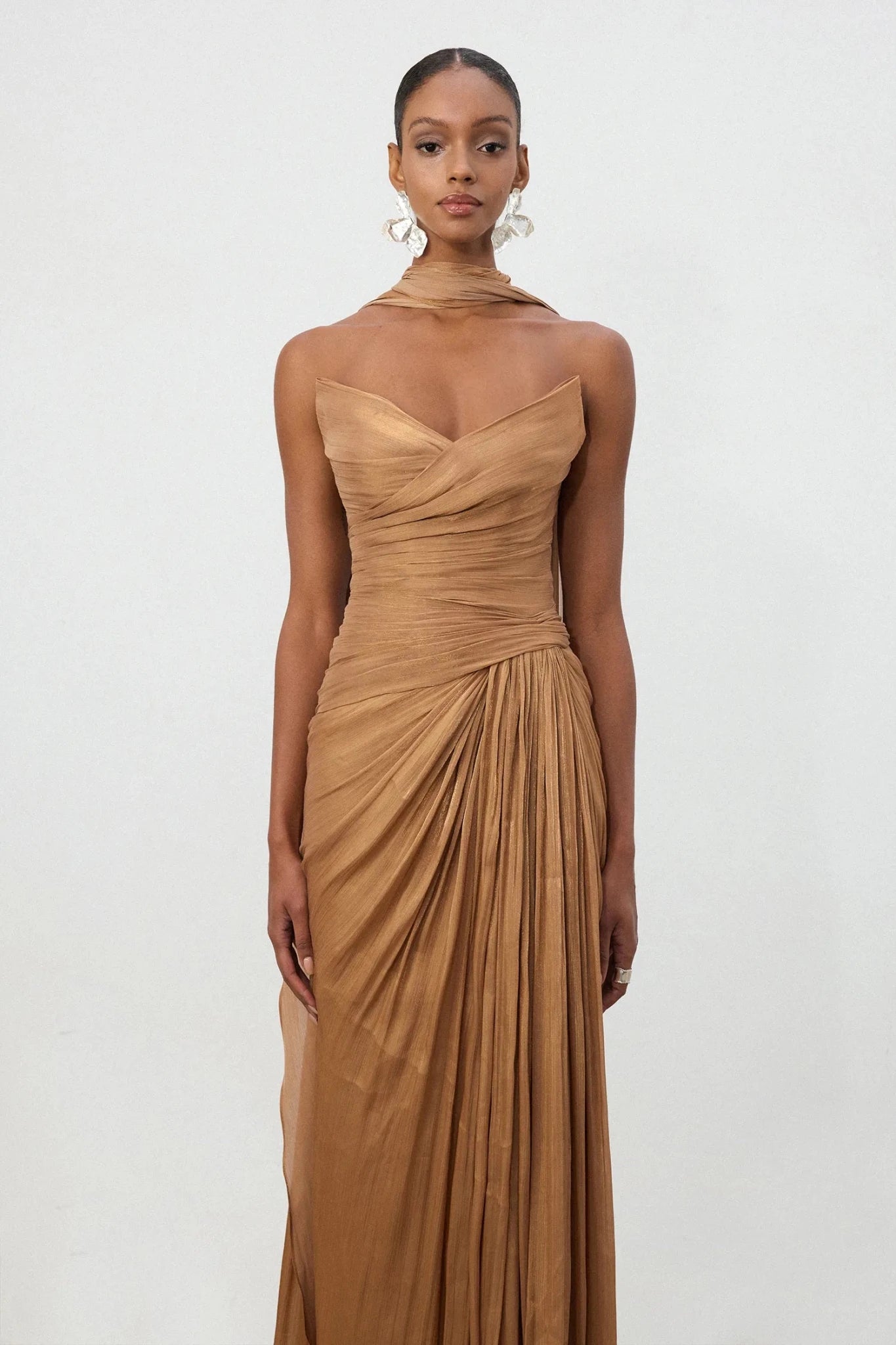 Bronzed Ruched One Shoulder Train Gown - Skye & Iris - Styled Collective