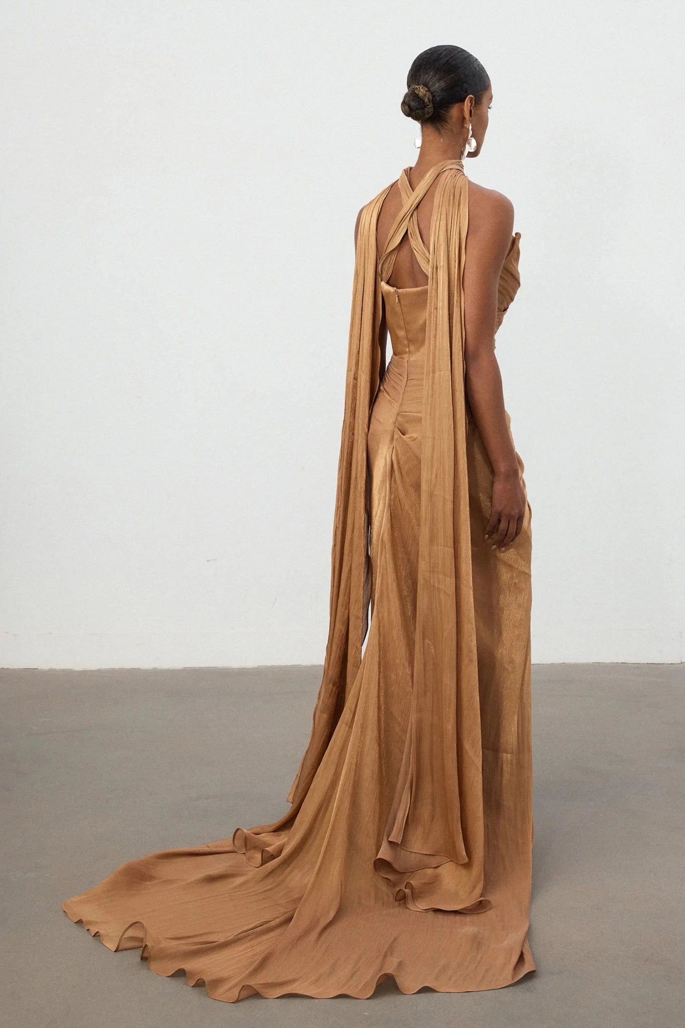 Bronzed Ruched One Shoulder Train Gown - Skye & Iris - Styled Collective
