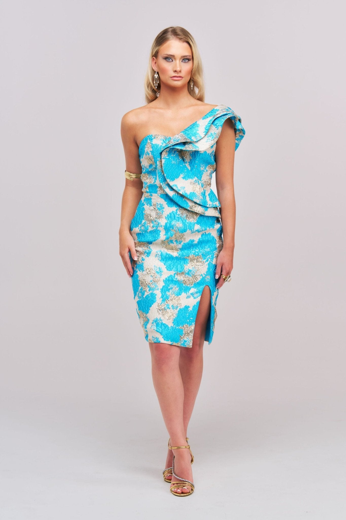 Caterina – One - Shoulder Jacquard Ruffle Mini Dress - Styled Collective