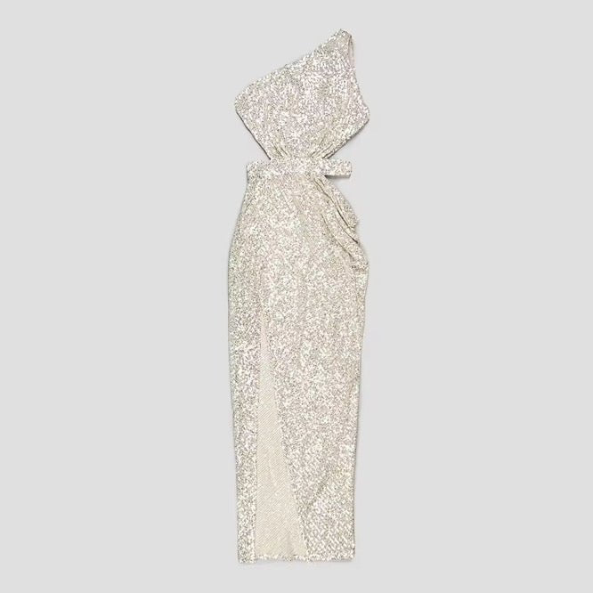 Chiara Sequin Cutout Maxi – Silver One Shoulder Evening Gown | Styled Collective - Styled Collective