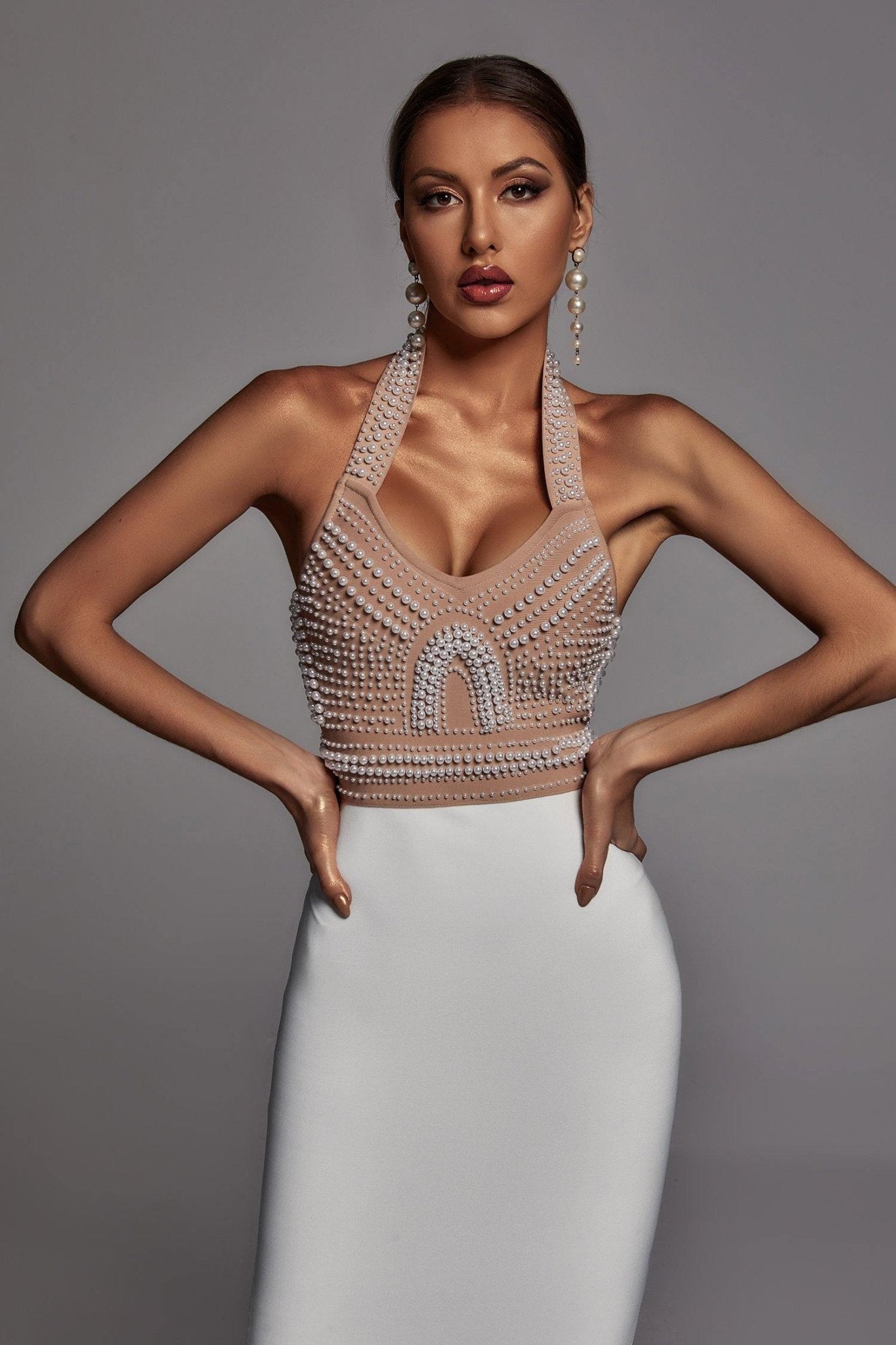 Cornelia Pearl Halter Bandage Dress - Beige - Styled Collective