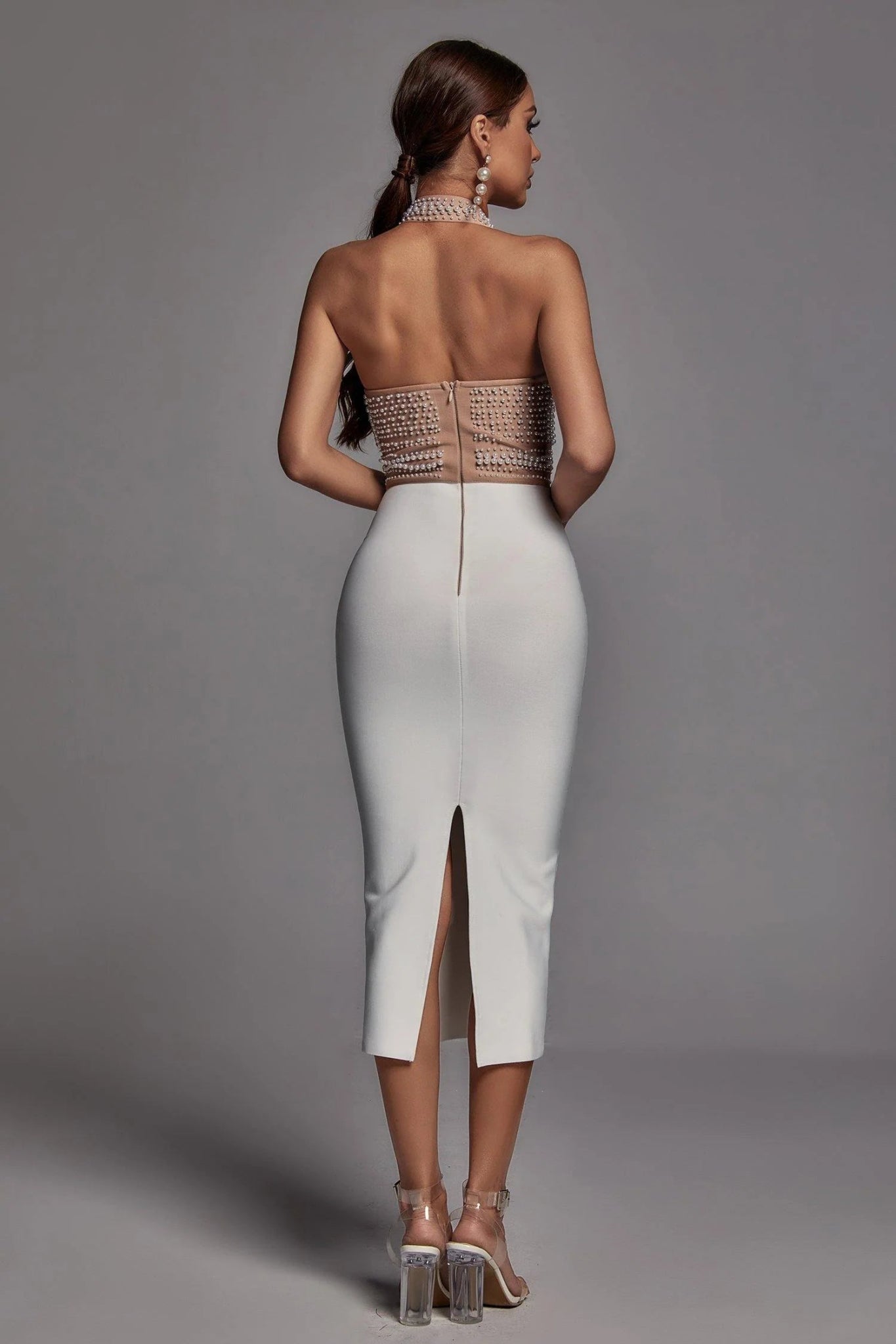 Cornelia Pearl Halter Bandage Dress - Beige - Styled Collective