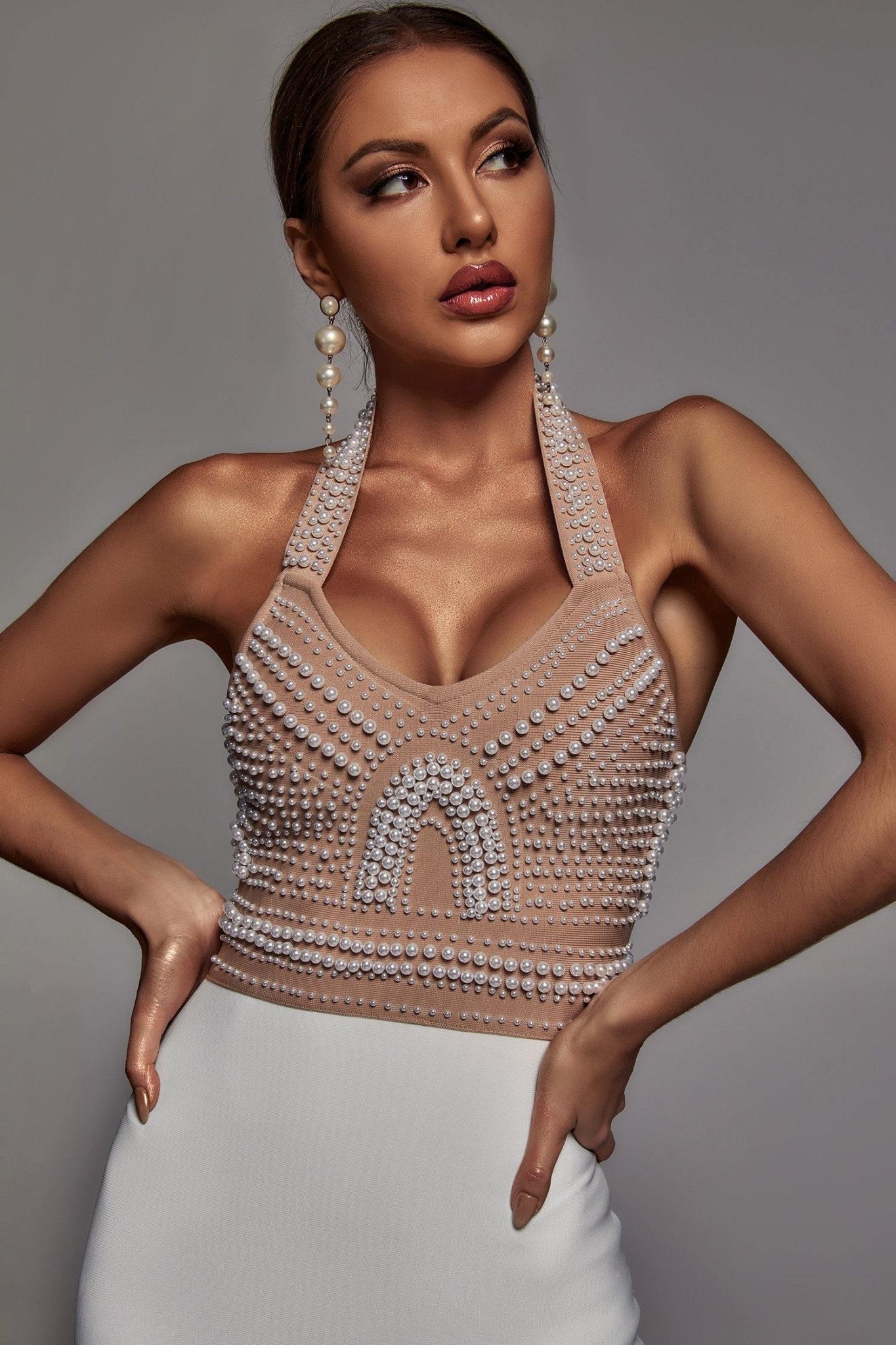Cornelia Pearl Halter Bandage Dress - Beige - Styled Collective