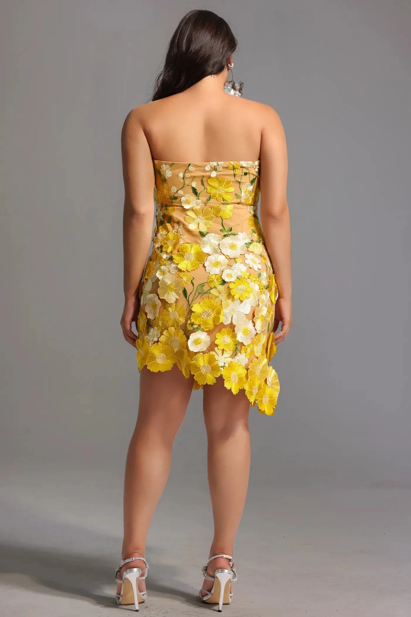 Elara – Strapless 3D Floral Mini Dress in Golden Bloom - Styled Collective