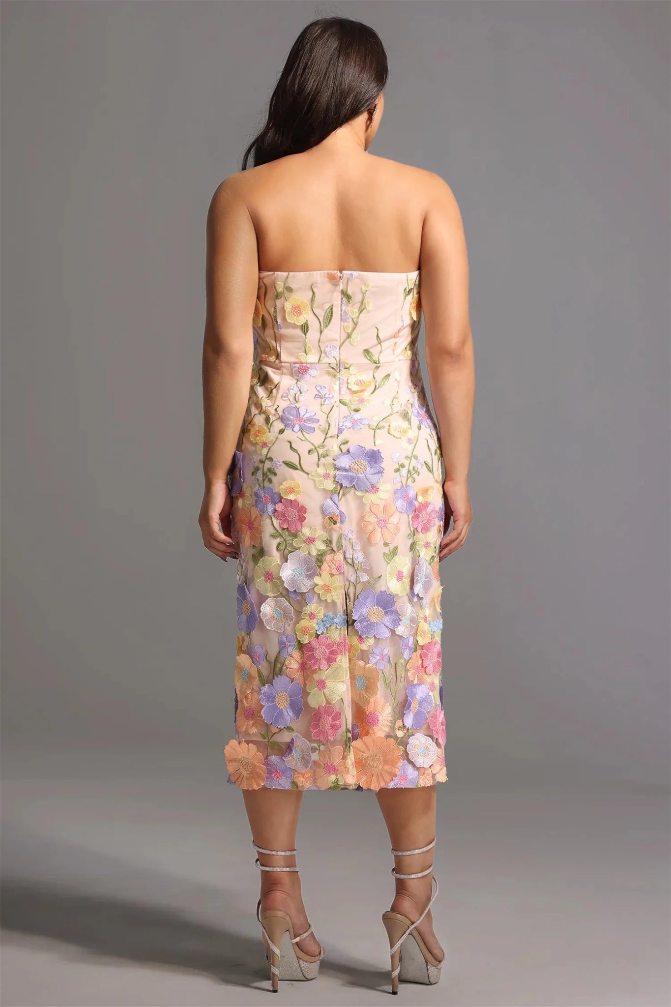 Floriana – Strapless 3D Floral Embroidered Midi in Pastel Bloom - Styled Collective