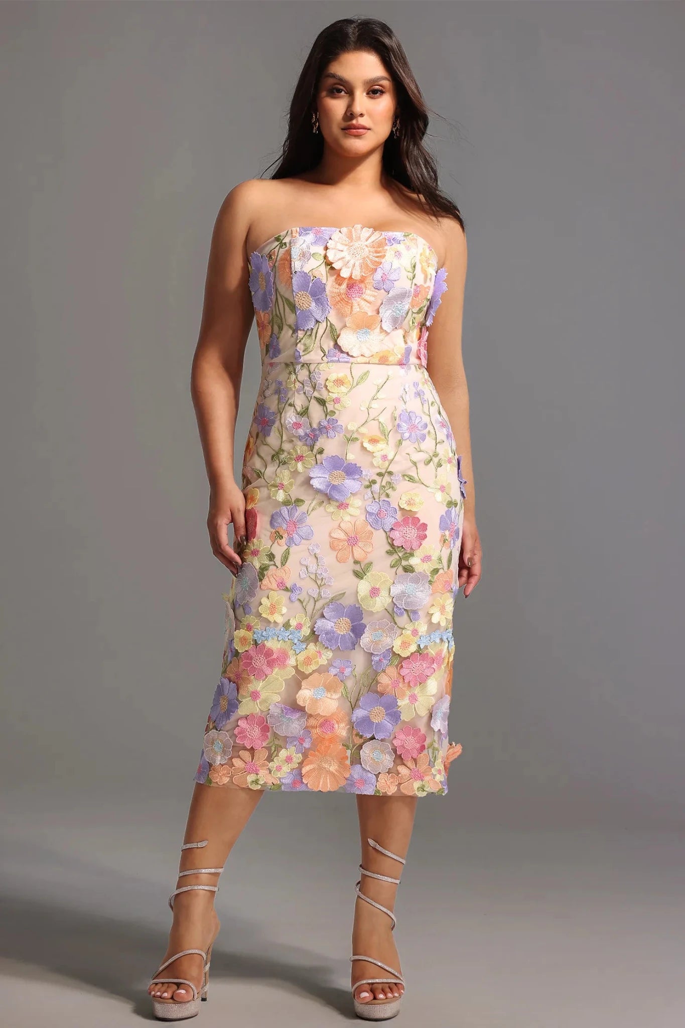 Floriana – Strapless 3D Floral Embroidered Midi in Pastel Bloom - Styled Collective