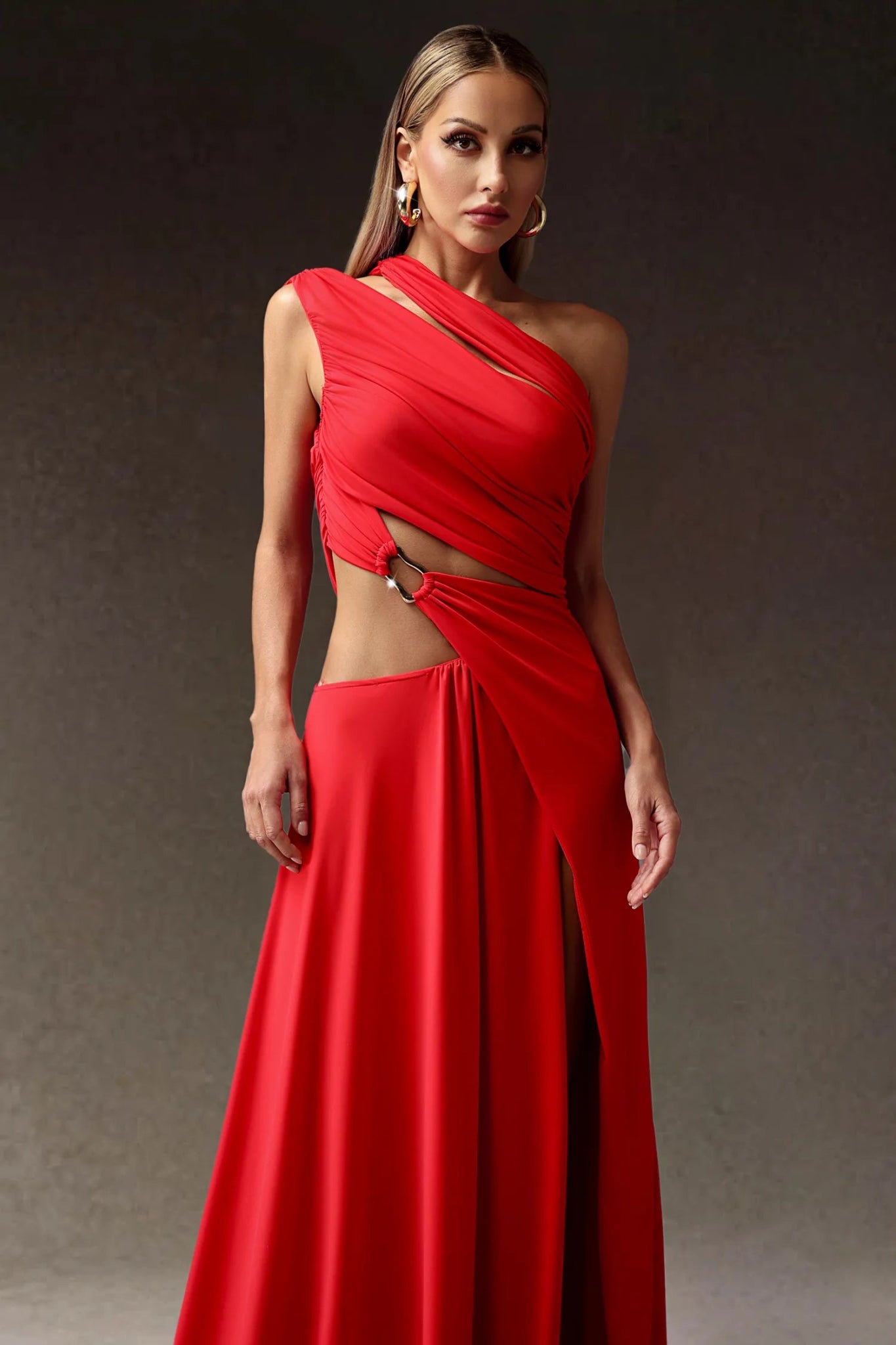 Gigi Red One Shoulder Cut Out Maxi Dress - Styled Collective