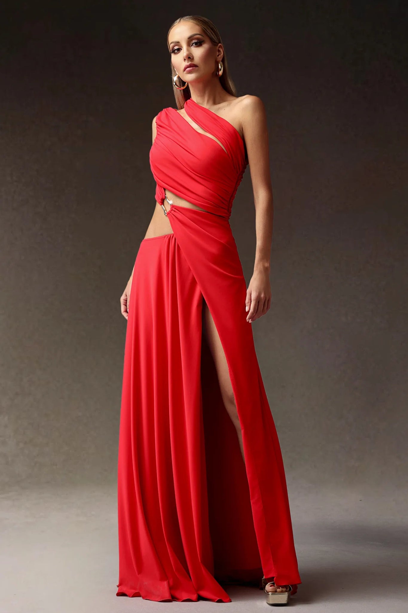 Gigi Red One Shoulder Cut Out Maxi Dress - Styled Collective