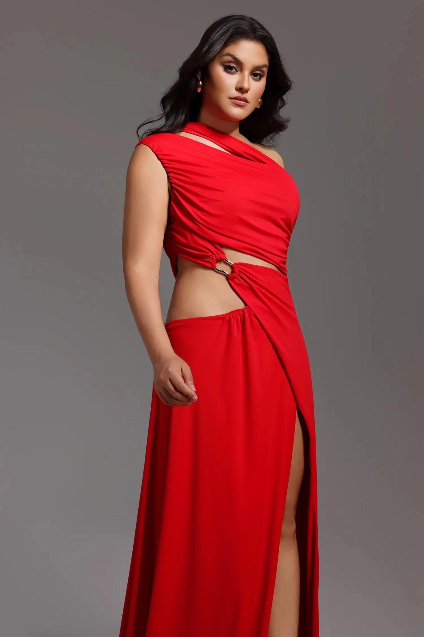 Gigi Red One Shoulder Cut Out Maxi Dress - Styled Collective