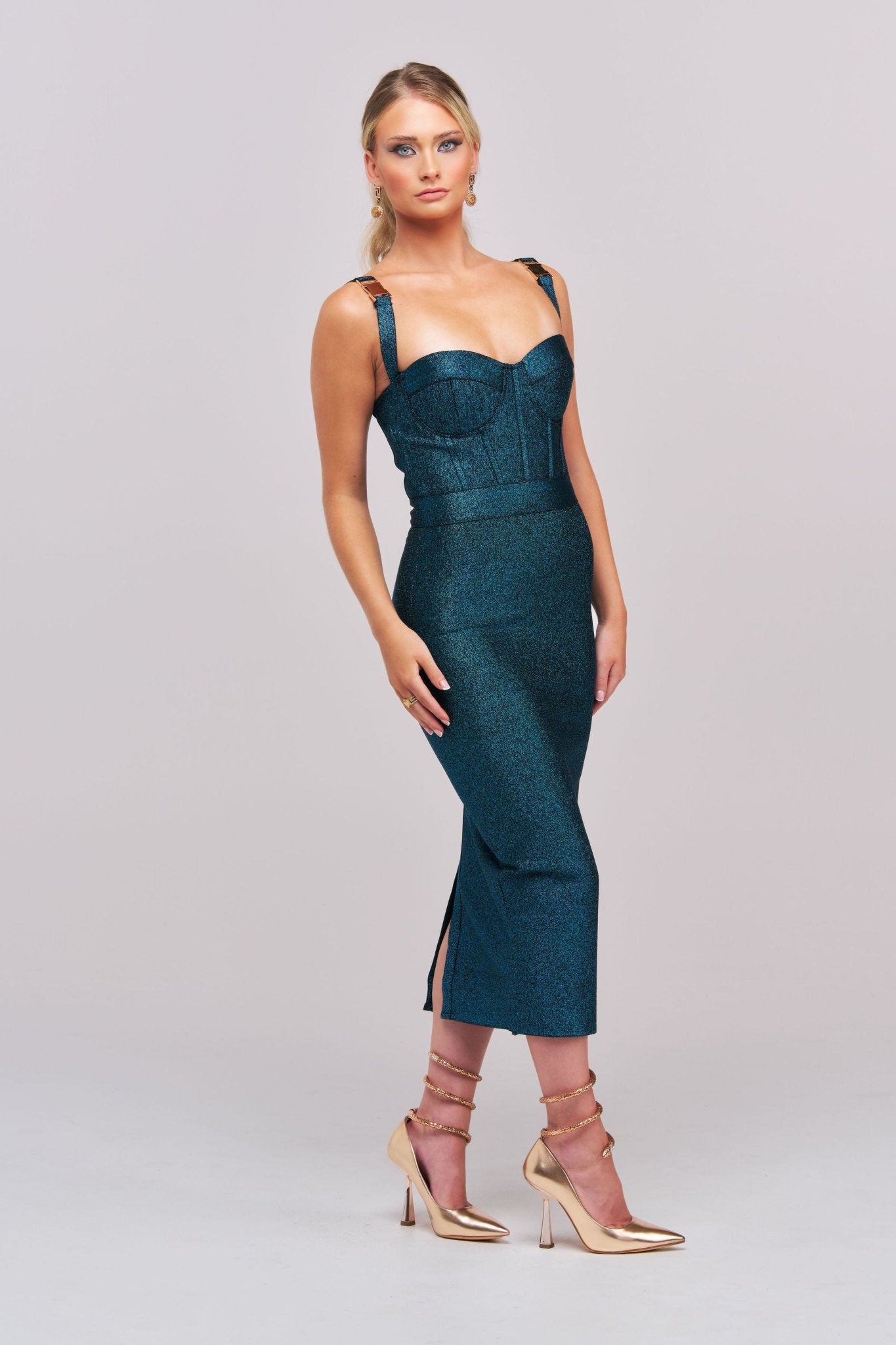 Harlowe Metallic Midi Dress – Teal - Styled Collective