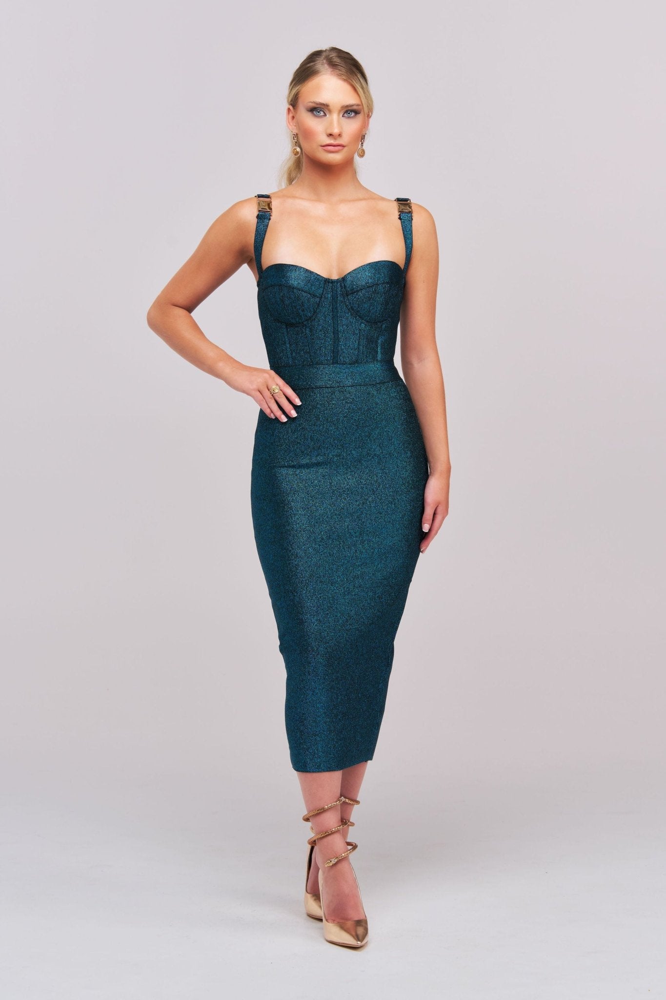 Harlowe Metallic Midi Dress – Teal - Styled Collective