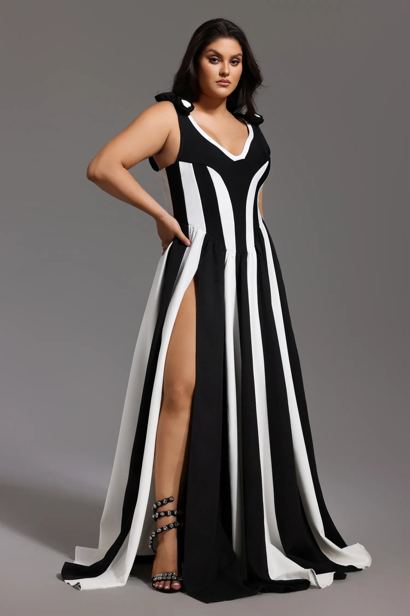 Isla – Monochrome Sculpted Split Gown in Black & White - Styled Collective