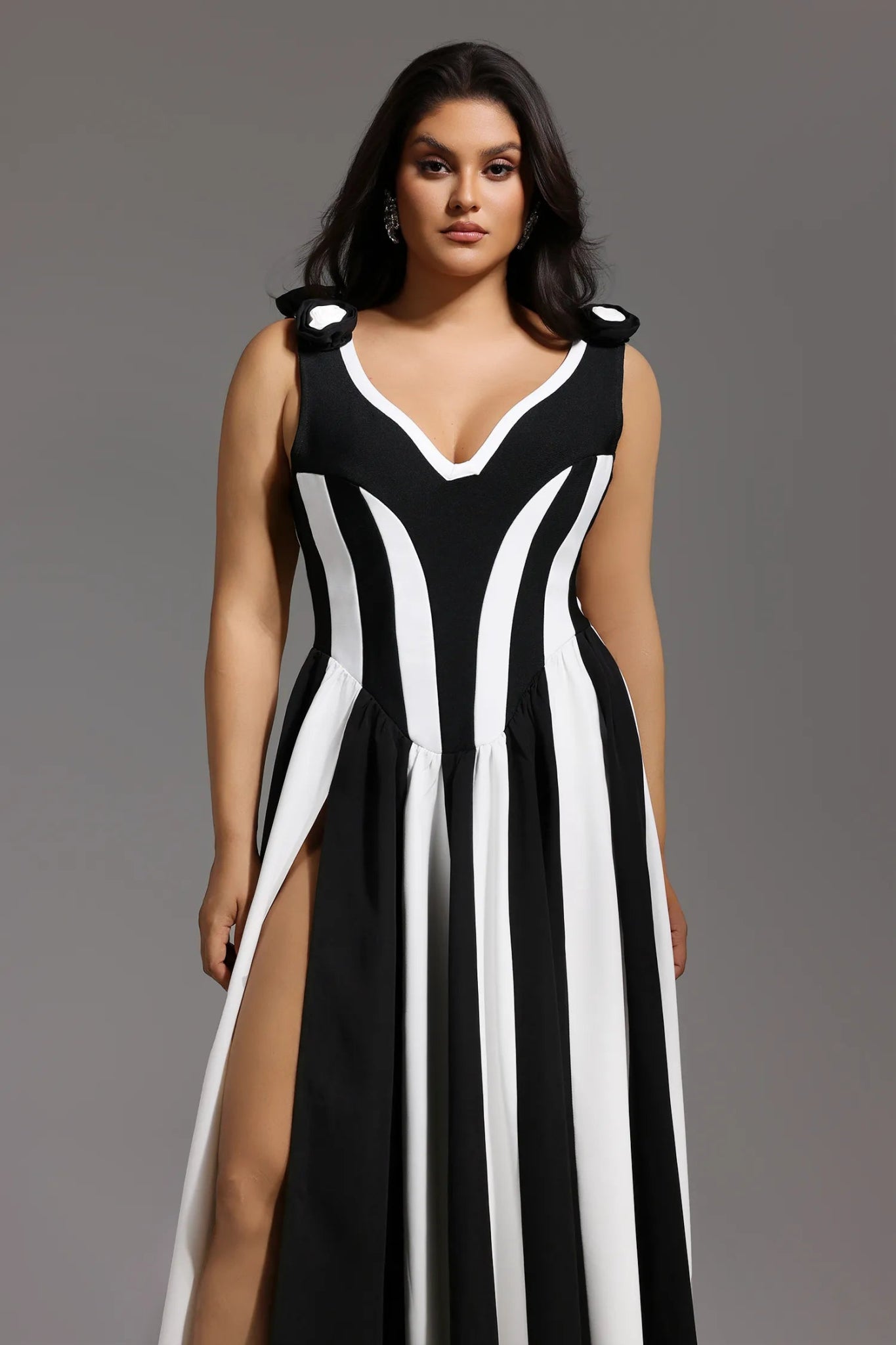 Isla – Monochrome Sculpted Split Gown in Black & White - Styled Collective
