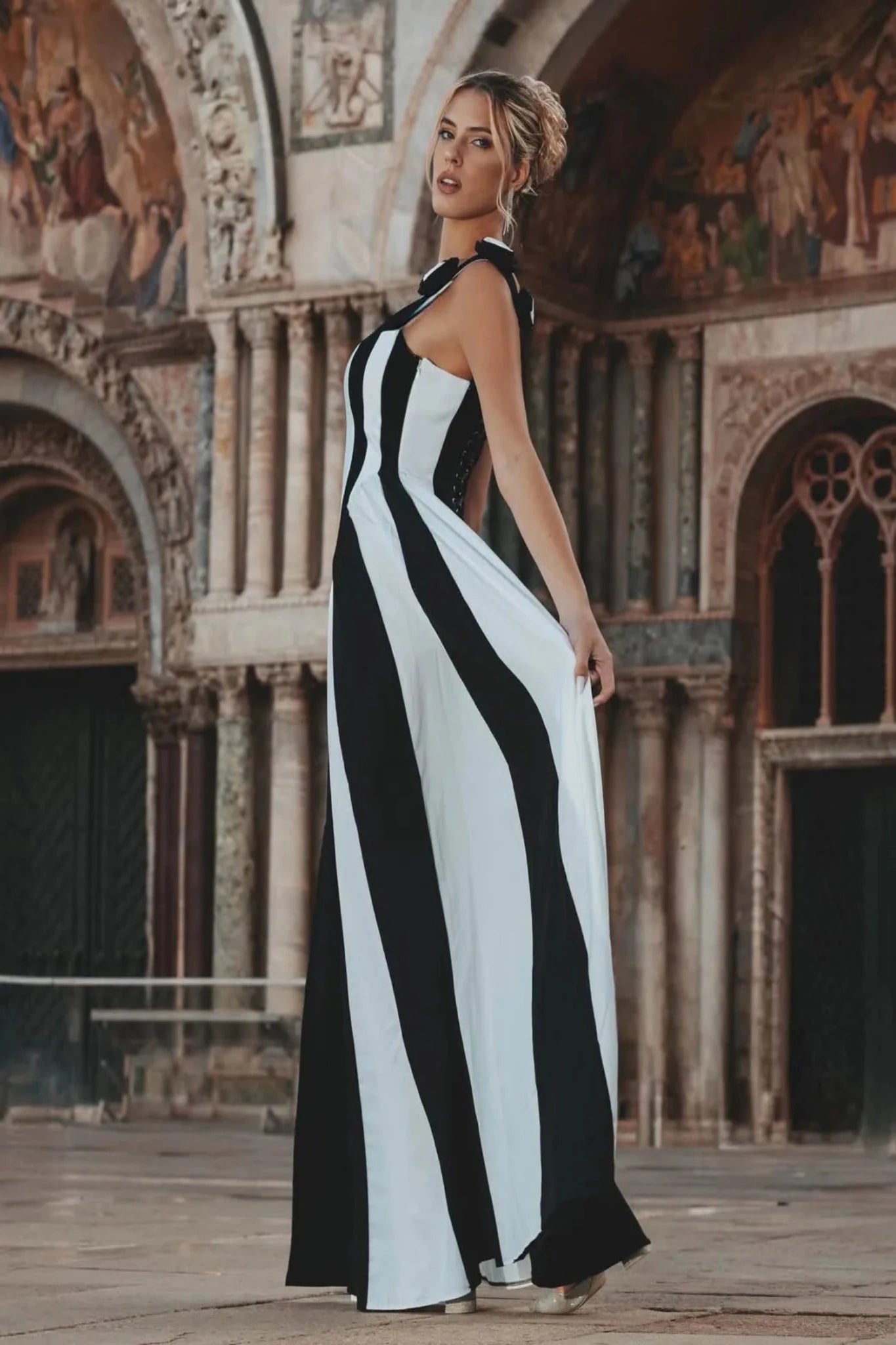 Isla – Monochrome Sculpted Split Gown in Black & White - Styled Collective