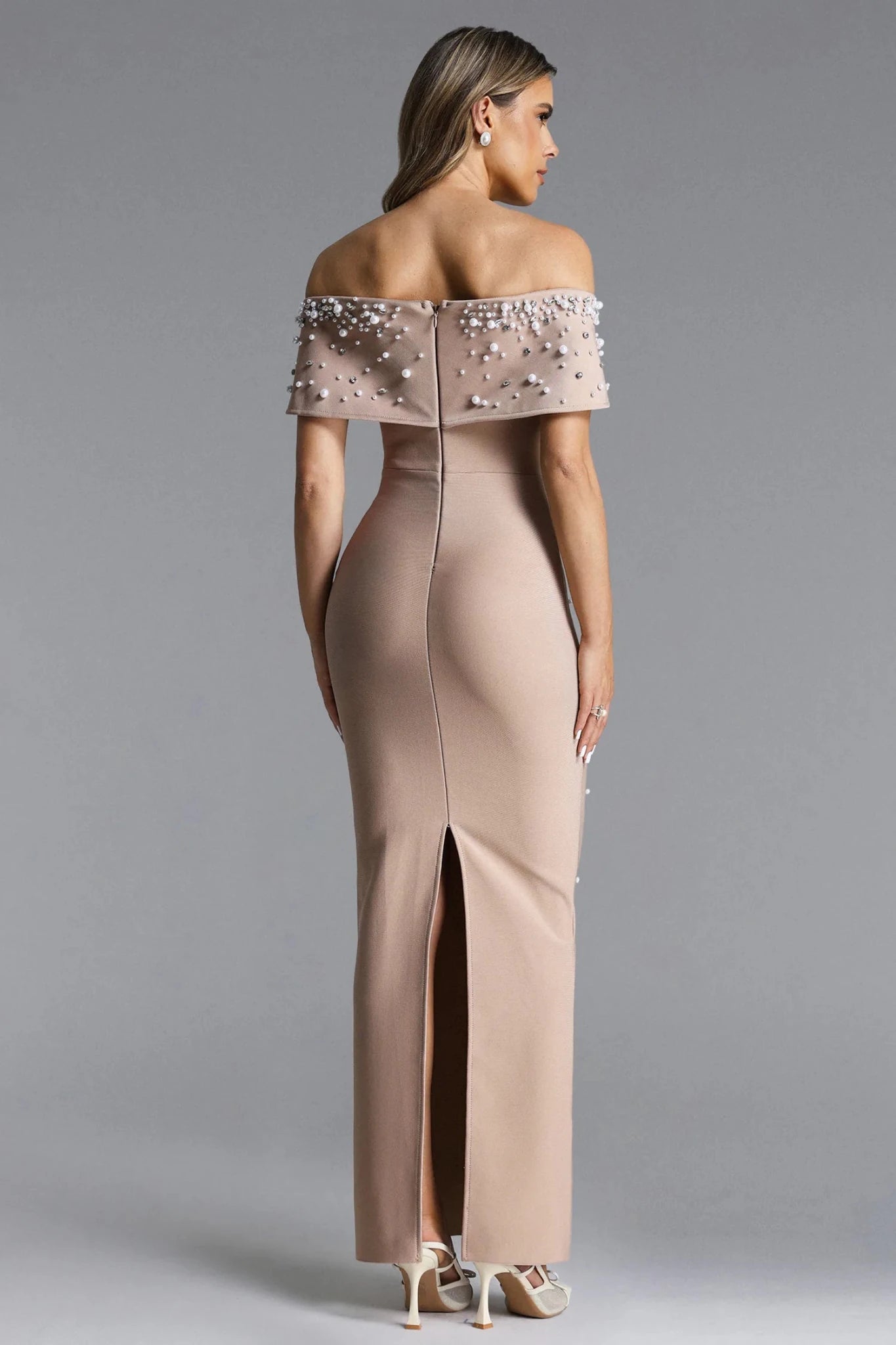 Isme Elegant Contour Off Shoulder Pearl Rhinestone Bandage Maxi Dress - Styled Collective