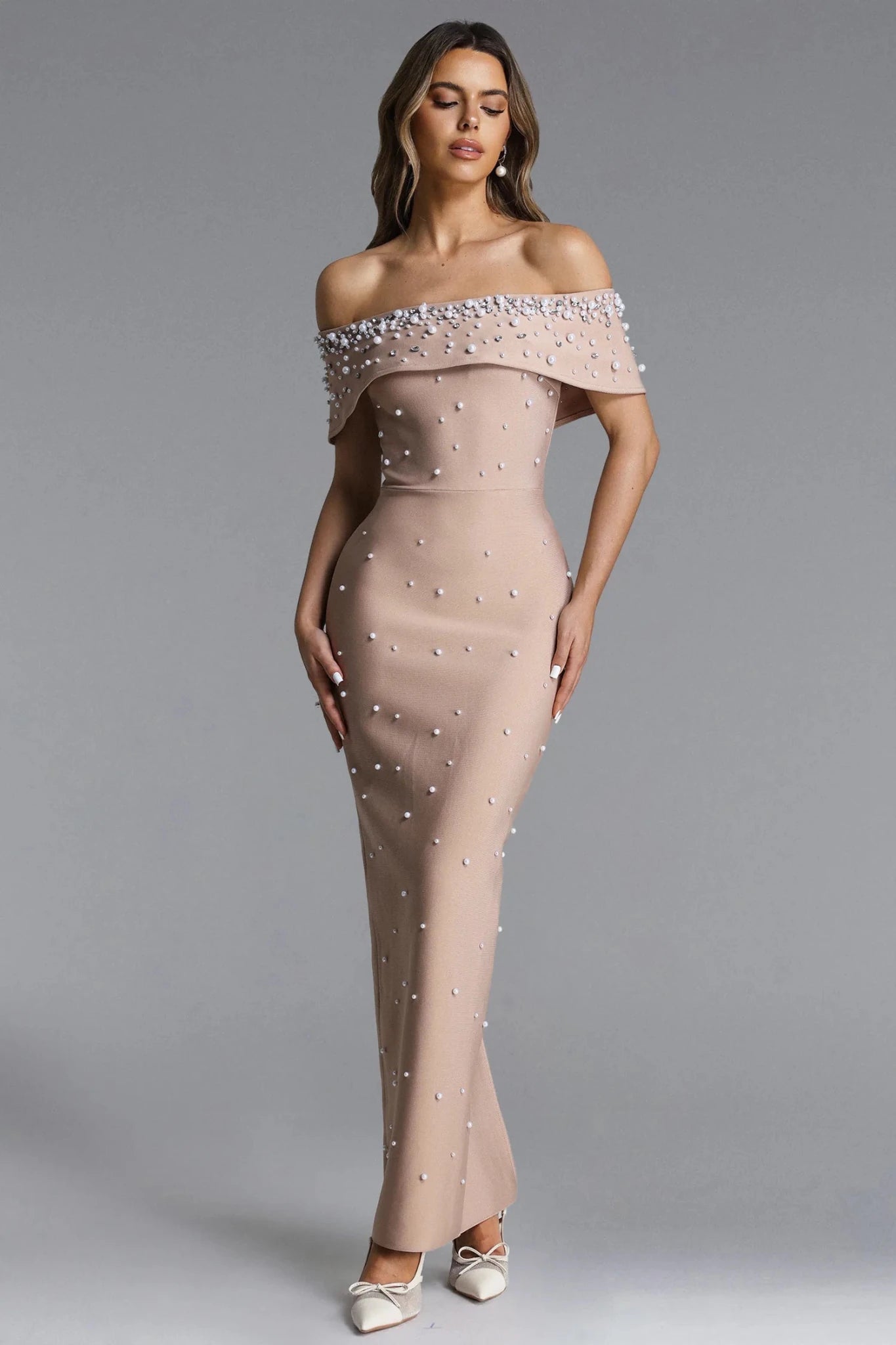 Isme Elegant Contour Off Shoulder Pearl Rhinestone Bandage Maxi Dress - Styled Collective