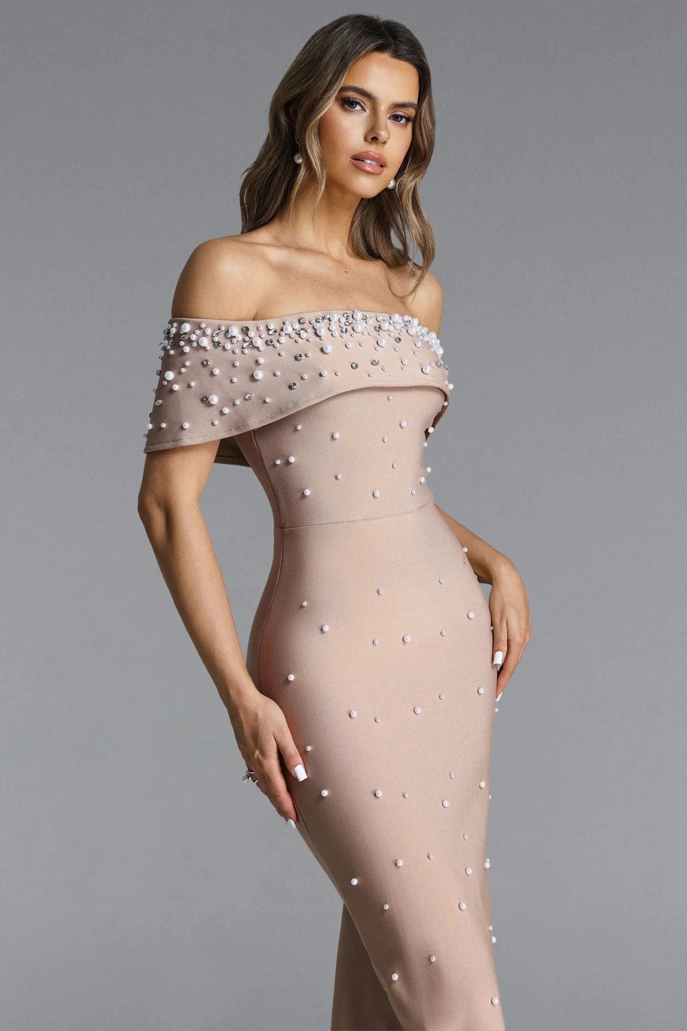 Isme Elegant Contour Off Shoulder Pearl Rhinestone Bandage Maxi Dress - Styled Collective
