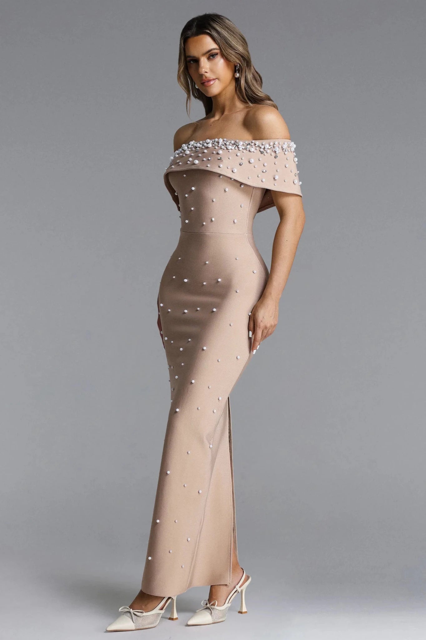 Isme Elegant Contour Off Shoulder Pearl Rhinestone Bandage Maxi Dress - Styled Collective