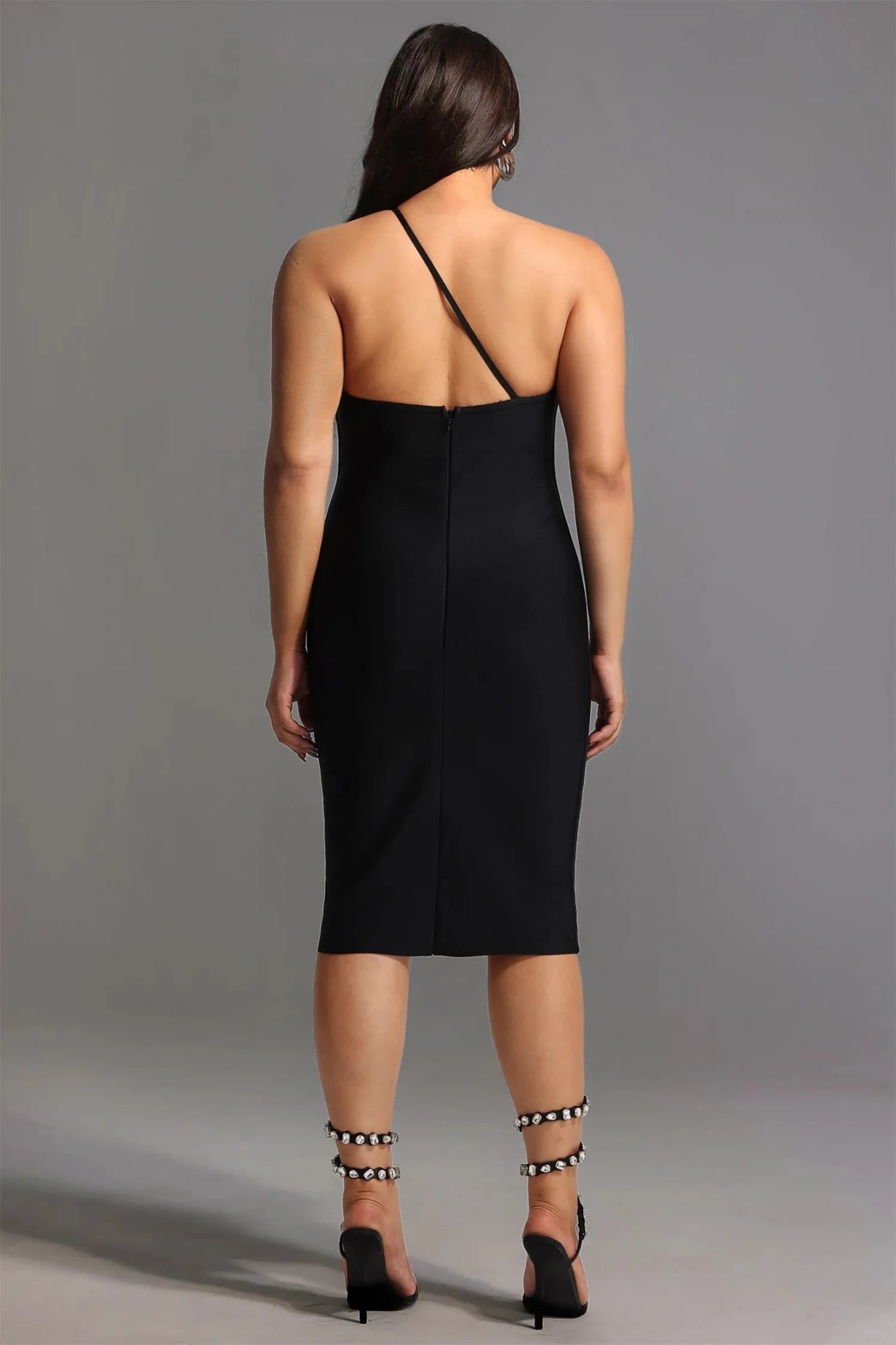 Janan One Shoulder Midi Cocktail Dress - Black - Styled Collective