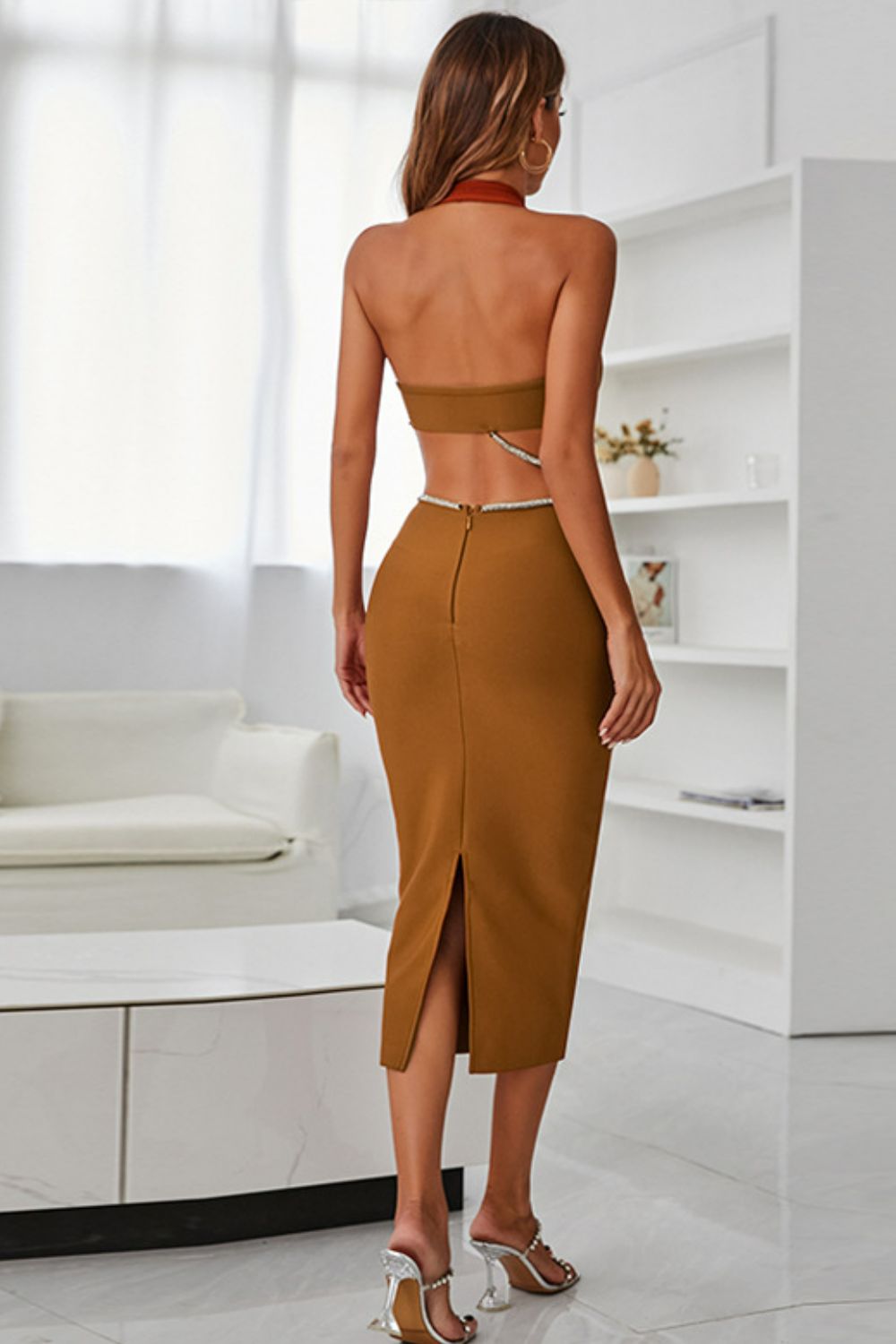 Kalisse Rhinestone Halter Cut Out Midi Dress - Caramel - Styled Collective