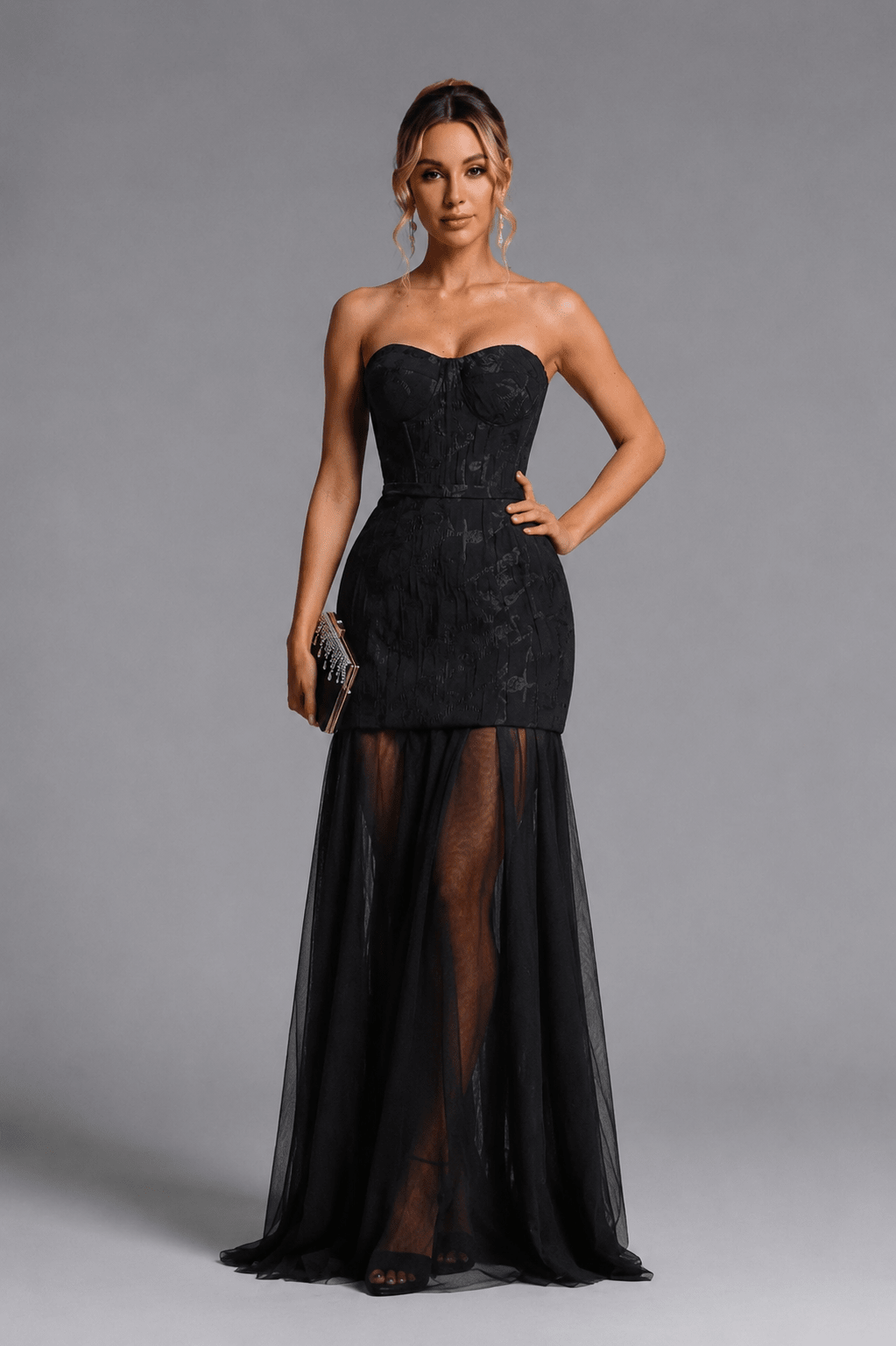 Kezia Floral Jacquard Tulle Maxi Dress - Black | Styled Collective - Styled Collective