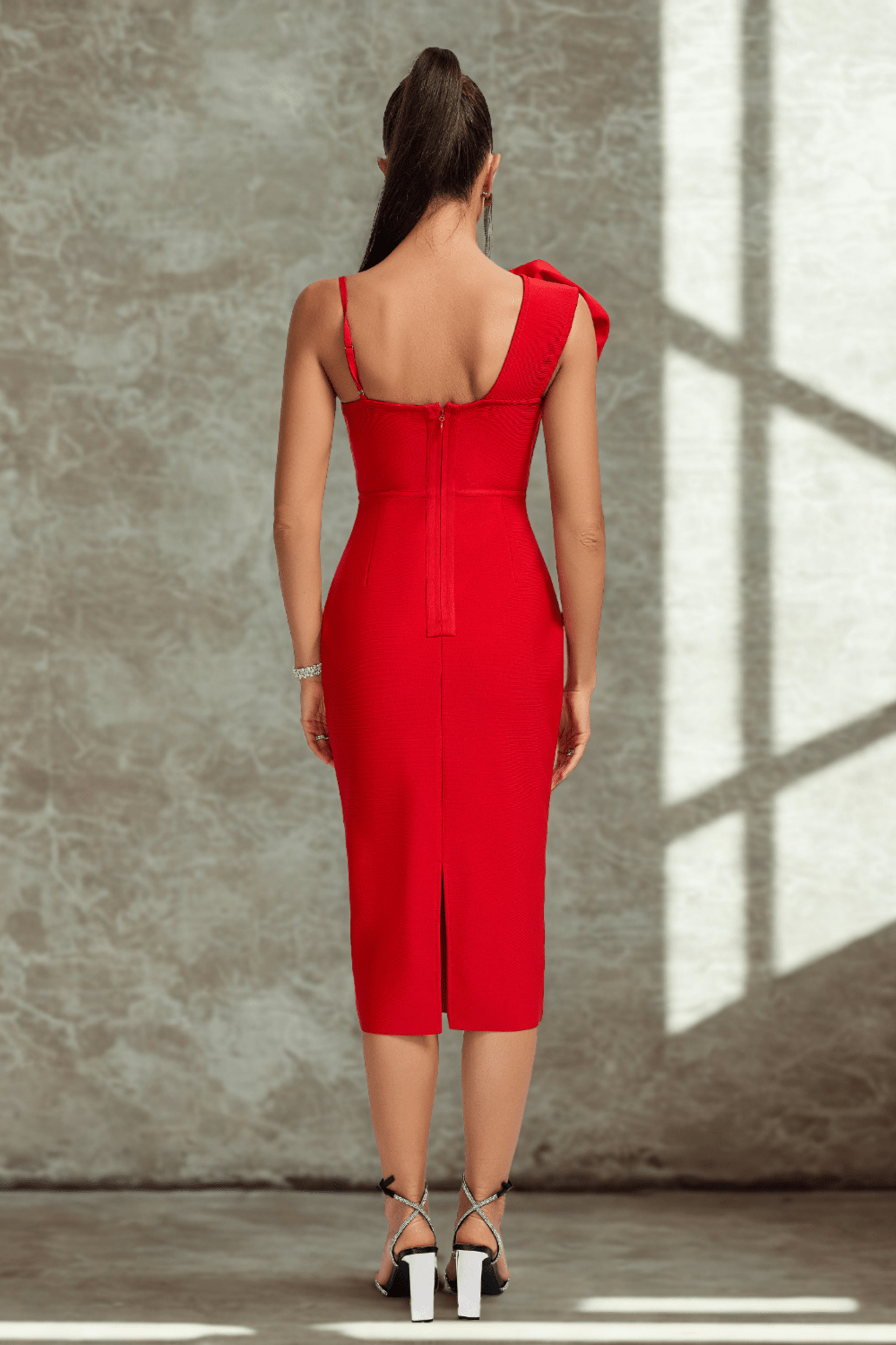 Lydia - Red Midi Dress with 3D Rose Detail - Styled Collective
