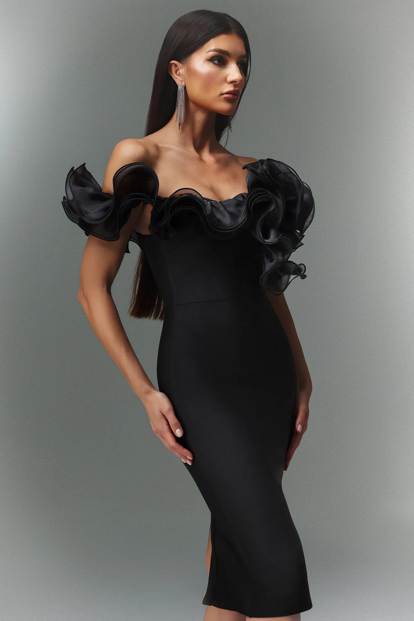 Marcella Off the Shoulder Midi Bandage Dress - Black - Styled Collective