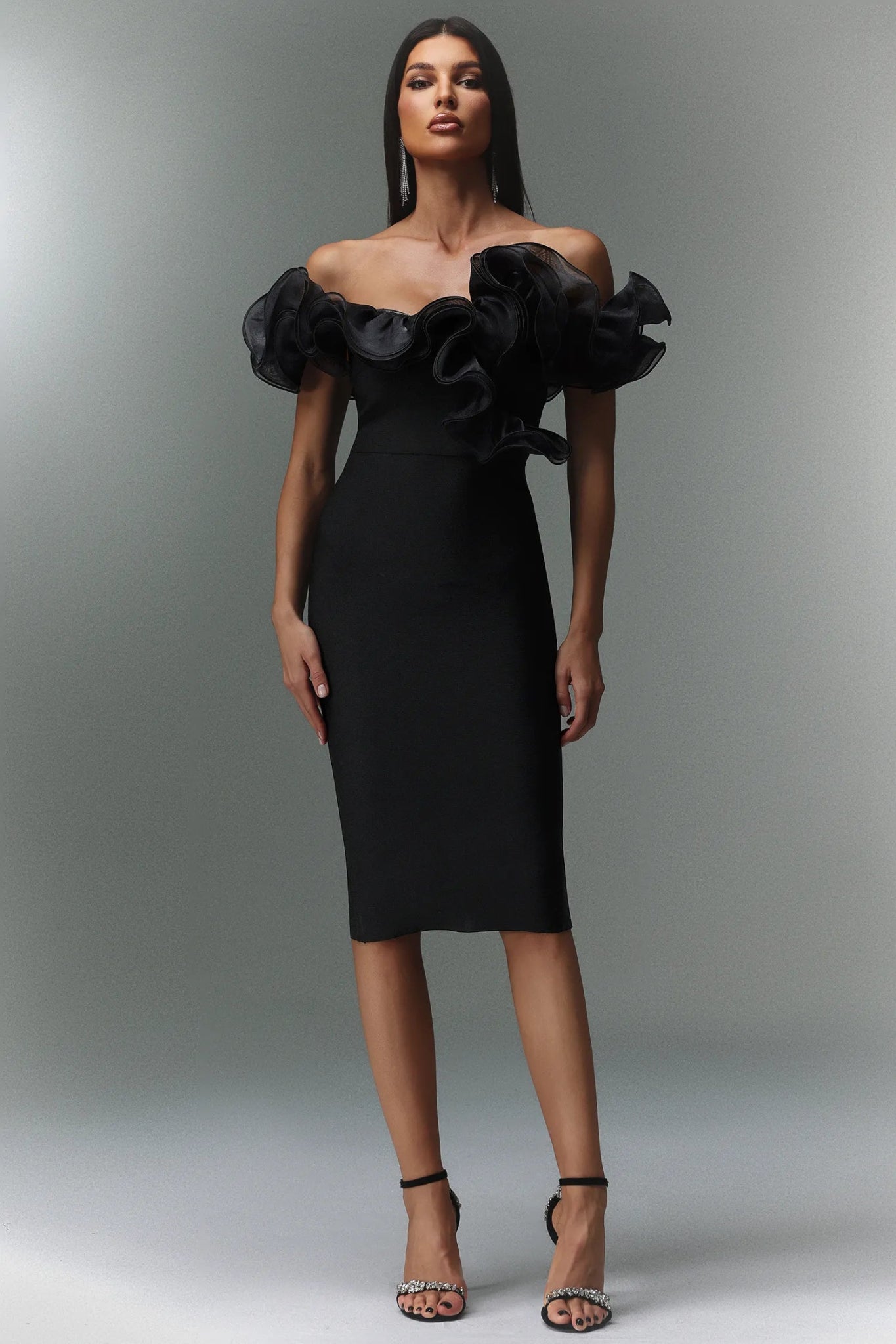 Marcella Off the Shoulder Midi Bandage Dress - Black - Styled Collective
