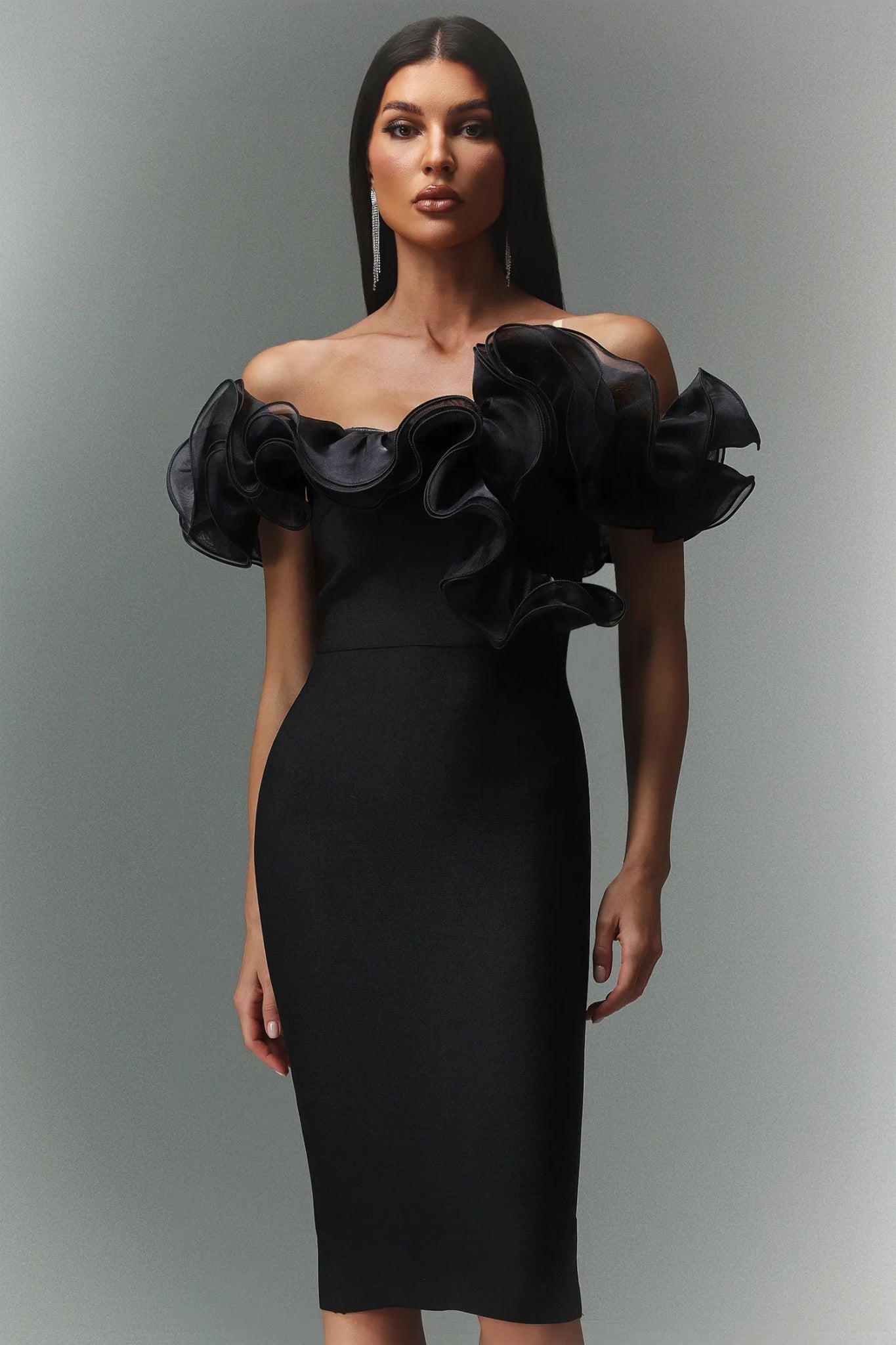 Marcella Off the Shoulder Midi Bandage Dress - Black - Styled Collective
