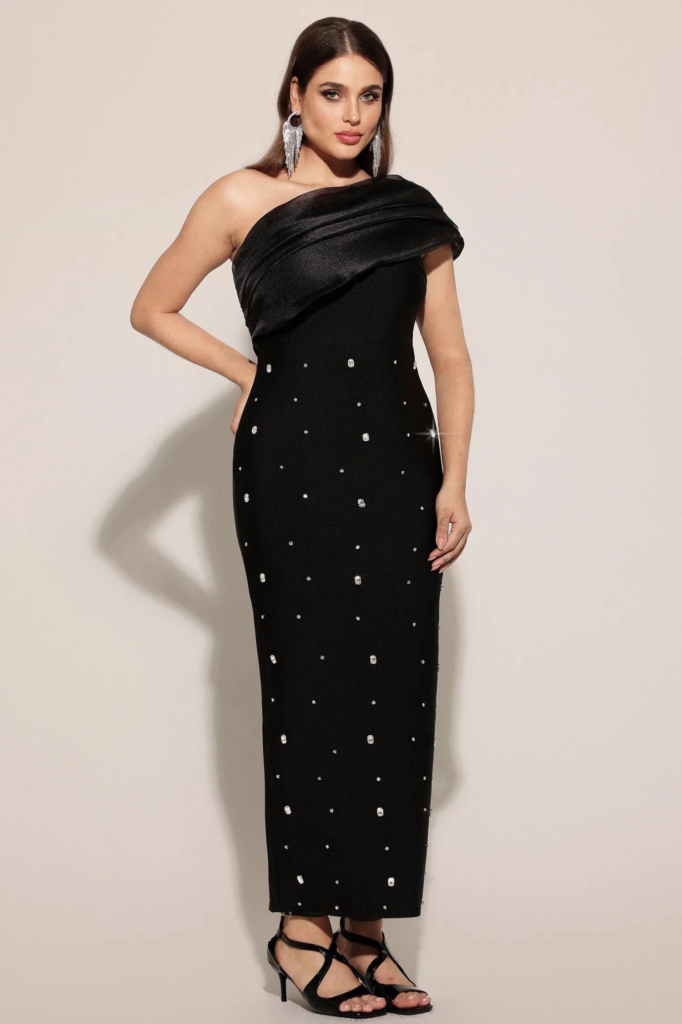Mariah One - Shoulder Crystal Embellished Bandage Gown - Styled Collective