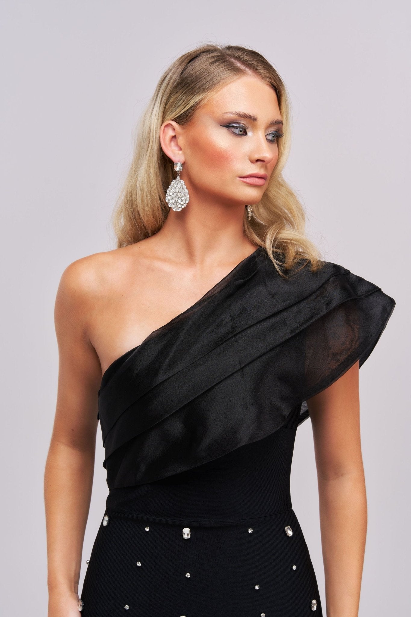 Mariah One - Shoulder Embellished Midi Dress – Black - Styled Collective