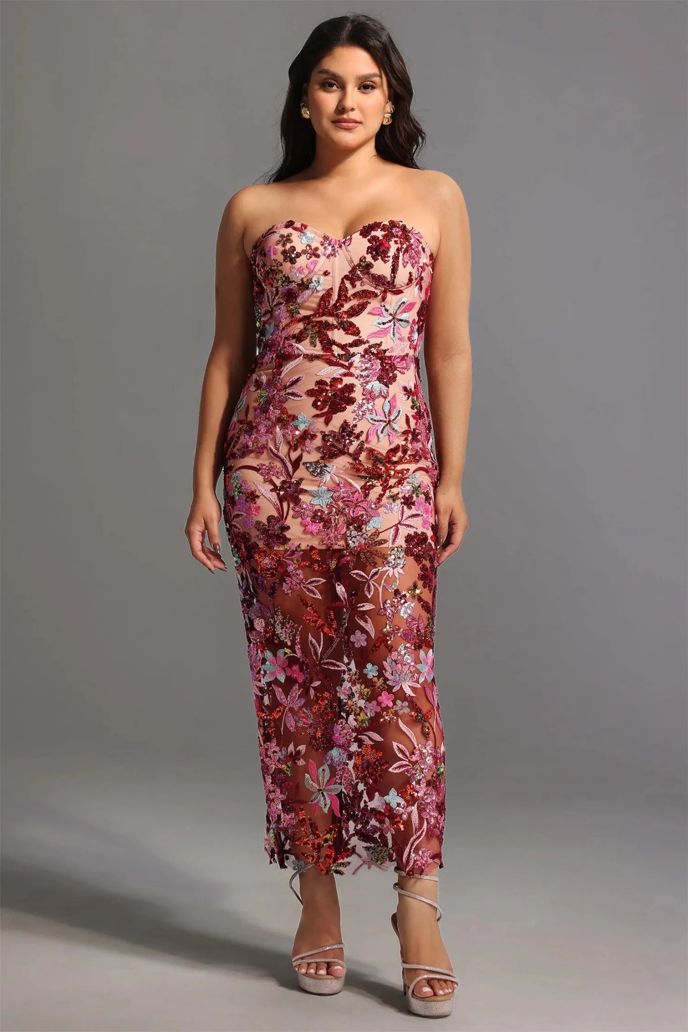 Mariposa Embellished Strapless Midi Dress – Pink Floral - Styled Collective