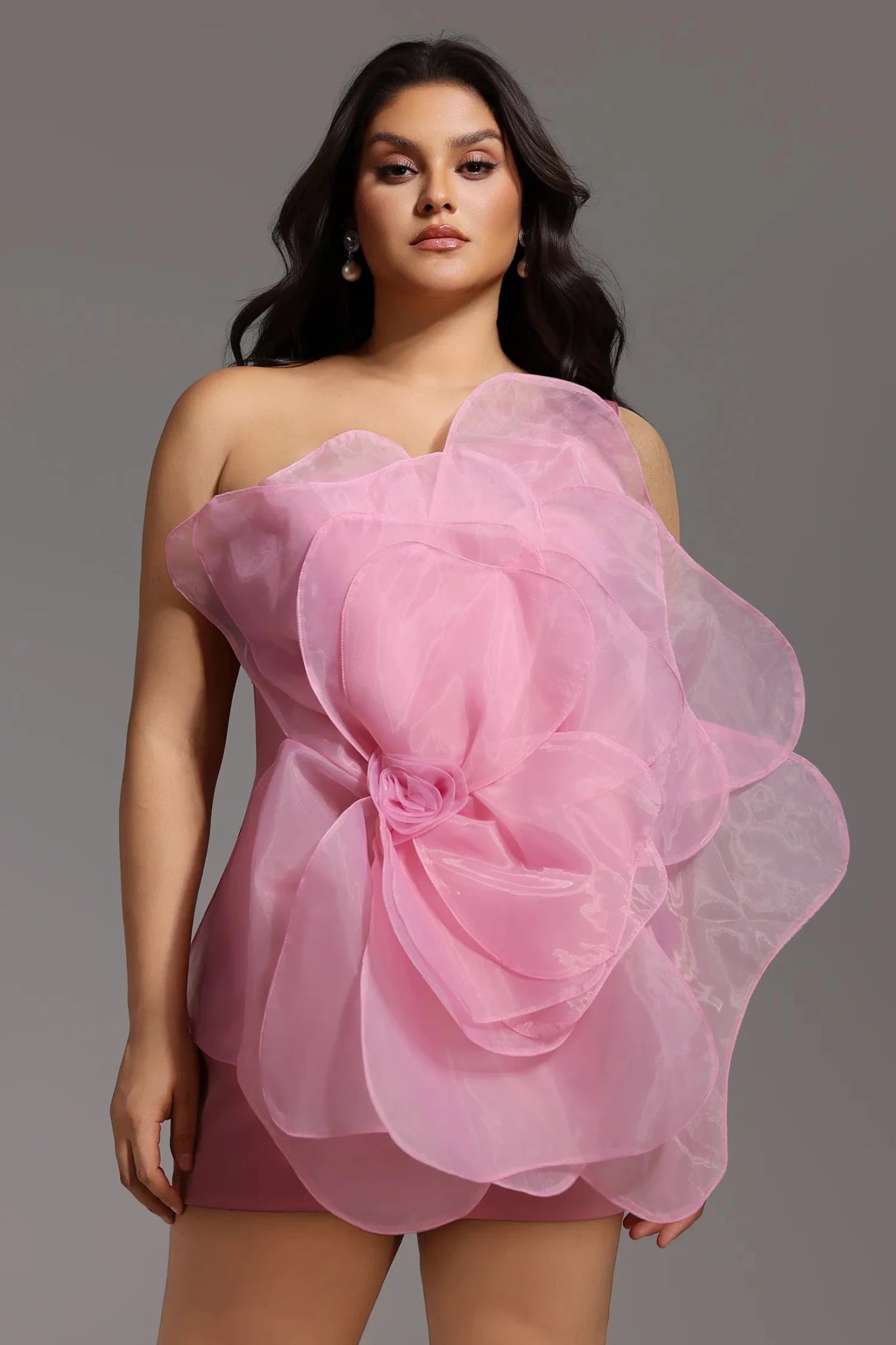 Nydia Strapless Mesh Flower Mini Dress - Pink - Styled Collective