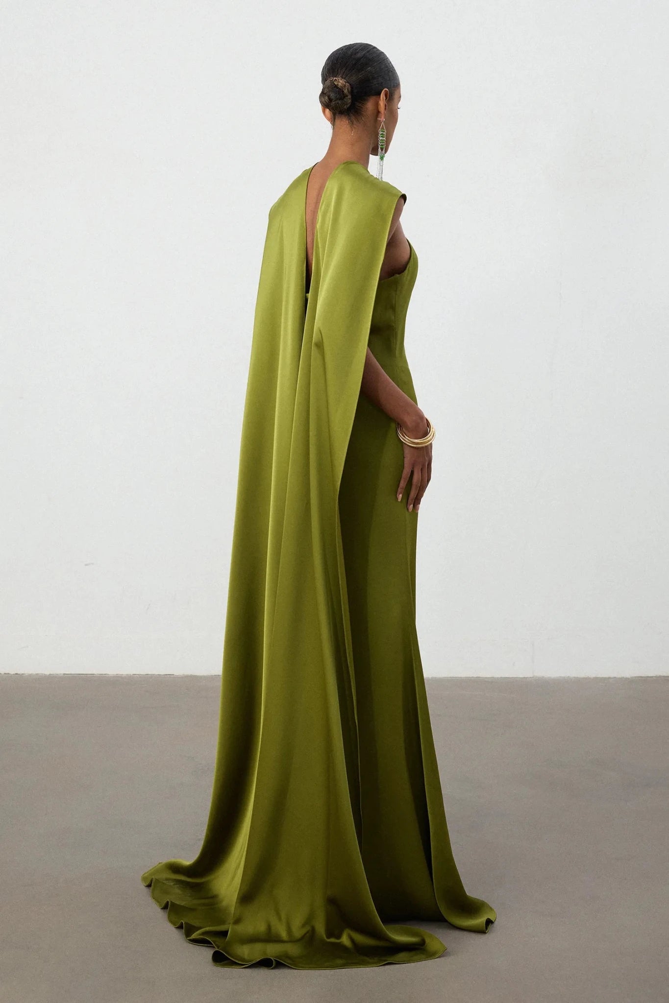 Olive Green Satin Cape Column Gown - Skye & Iris - Styled Collective