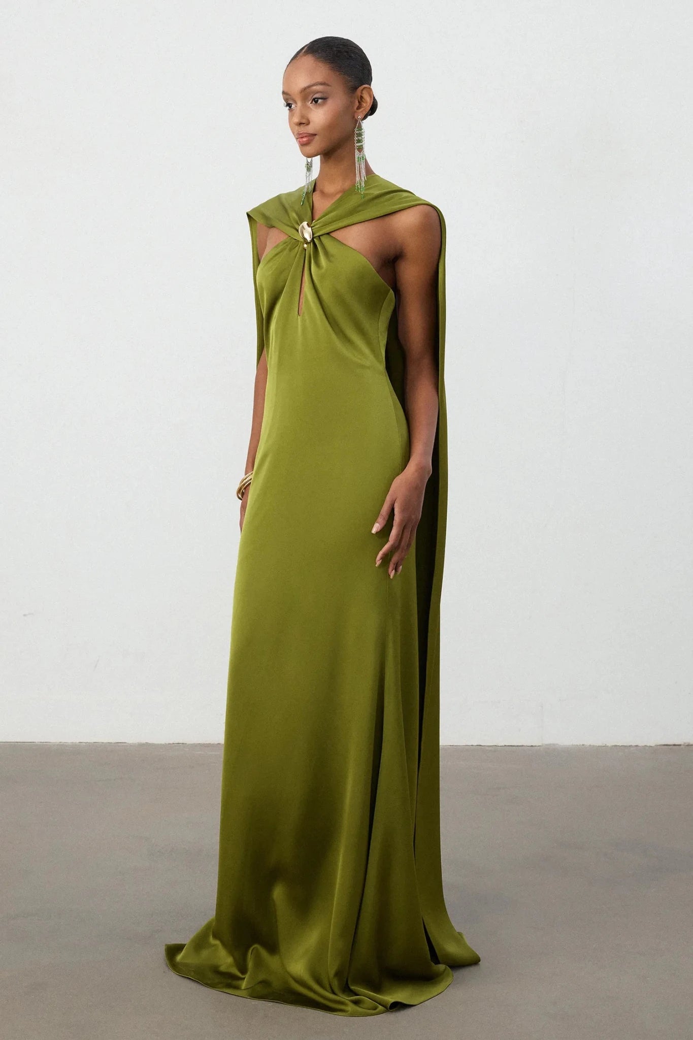 Olive Green Satin Cape Column Gown - Skye & Iris - Styled Collective