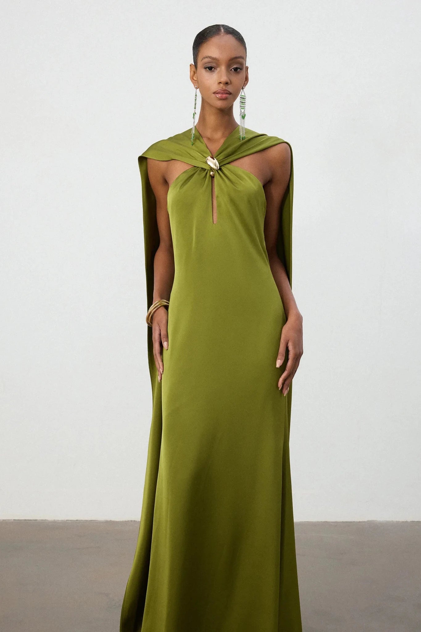 Olive Green Satin Cape Column Gown - Skye & Iris - Styled Collective
