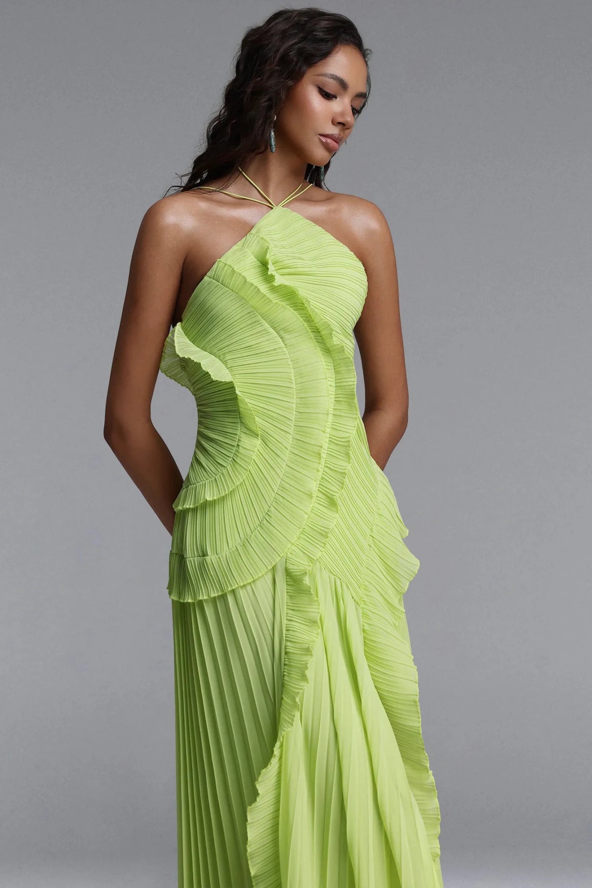 Perla Pleated Maxi Dress - Lime Green | Spring Racing Dress - Styled Collective